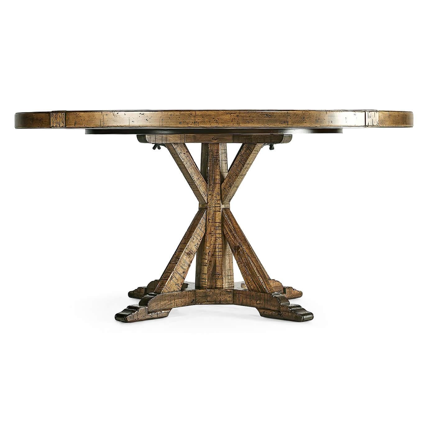 A large round dining table finished in A medium brown color with a rustic finish showing exposed saw marks and set on a bracketed country kitchen base, the table also has a built-in self-storing Lazy Susan.

Dimensions: 60
