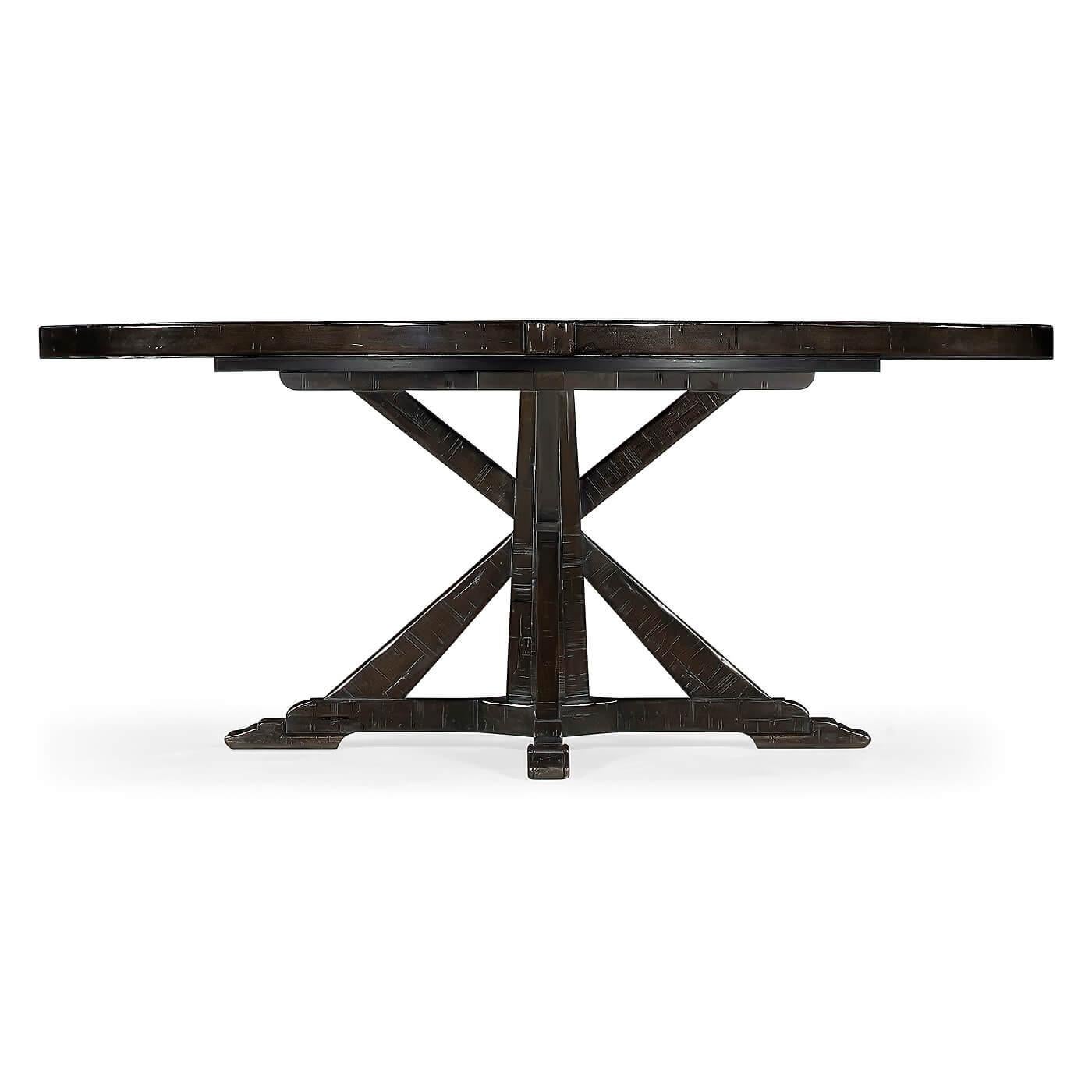 A large round dining table finished in our dark ale color with a rustic finish showing exposed saw marks and set on a bracketed country kitchen base, the table also has a built-in self-storing lazy Susan.

Dimensions: 72