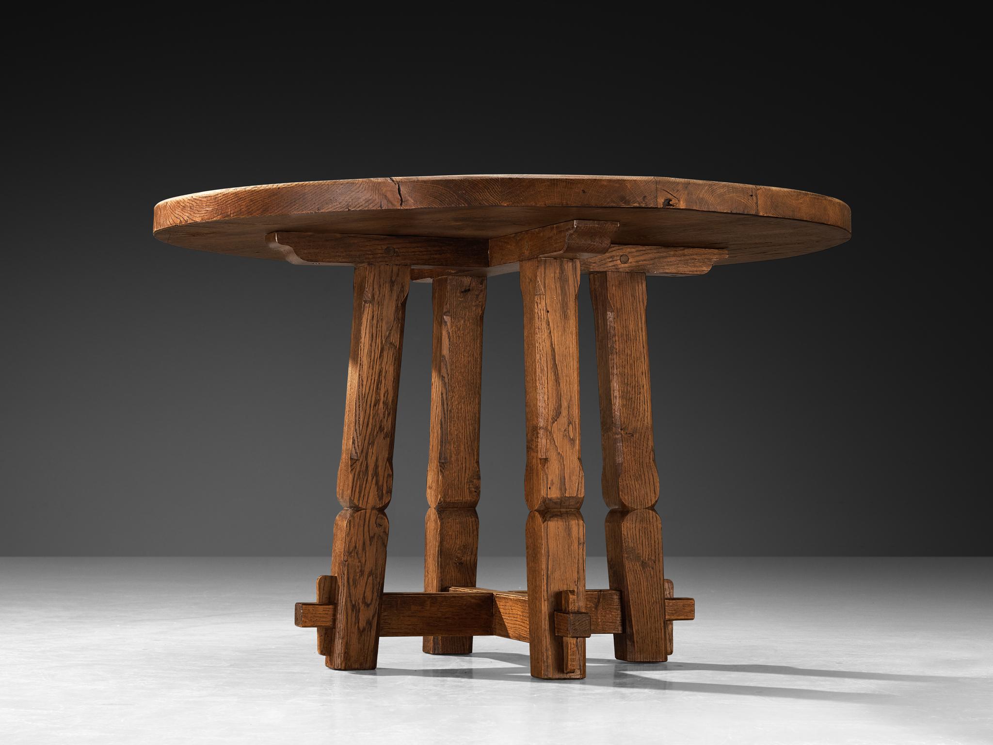 Rustic Round Dining Table in Solid Oak with Carved Base For Sale 4