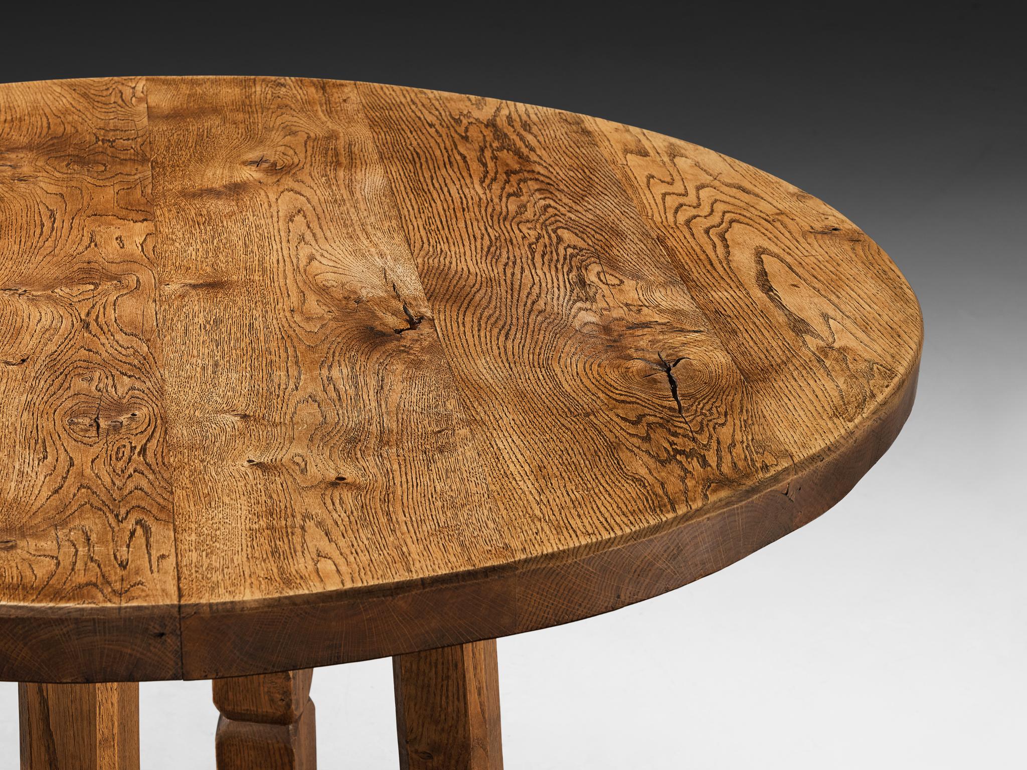 Rustic Round Dining Table in Solid Oak with Carved Base For Sale 1