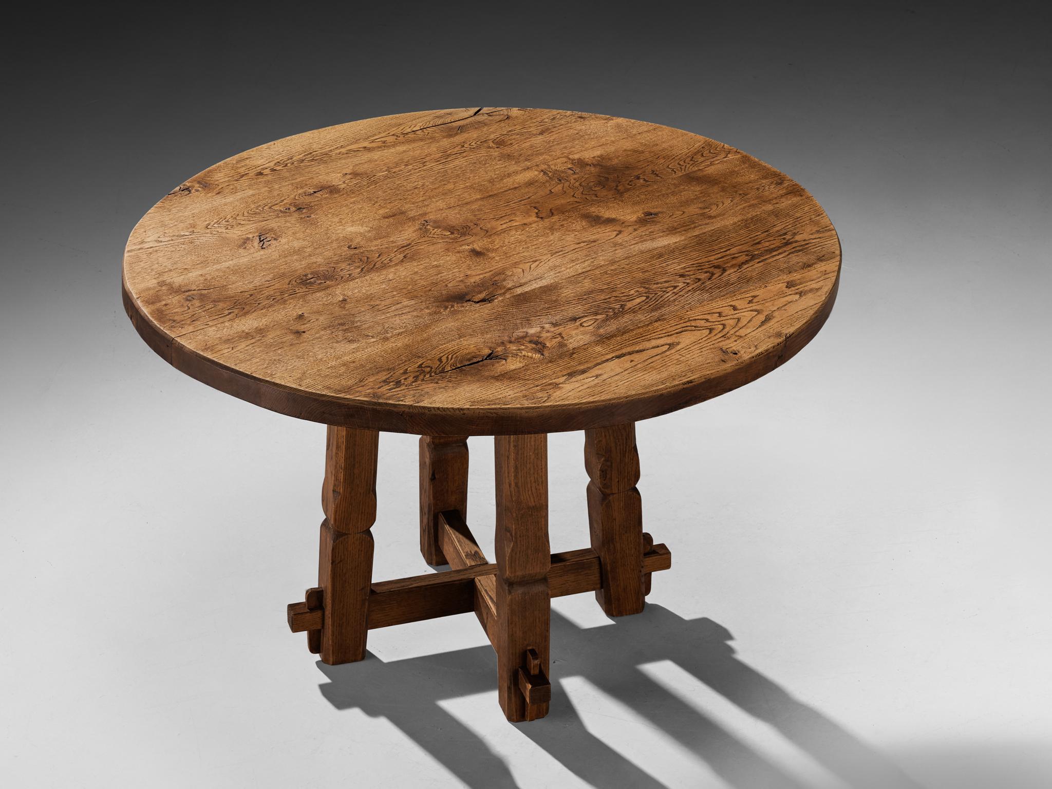 Rustic Round Dining Table in Solid Oak with Carved Base For Sale 2