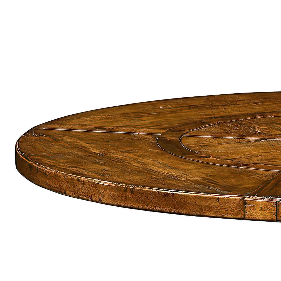 A large round dining table finished in our dark ale color with a rustic finish showing exposed saw marks and set on a bracketed country kitchen base, the table also has a built-in self-storing lazy Susan.

Dimensions: 72