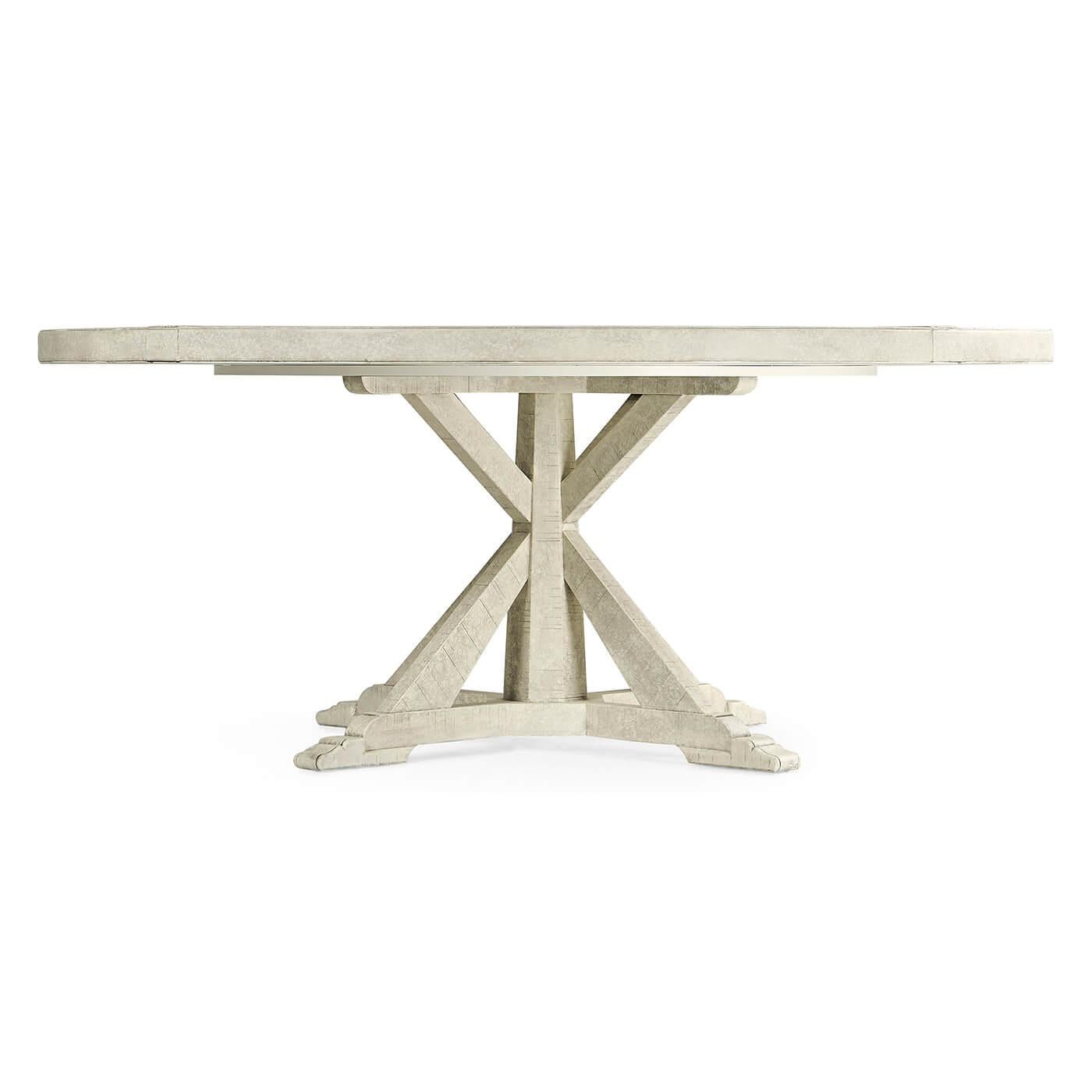 A large round dining table finished in our whitewash color with a rustic finish showing exposed saw marks and set on a bracketed country kitchen base, the table also has a built-in self-storing Lazy Susan.

Dimensions: 72