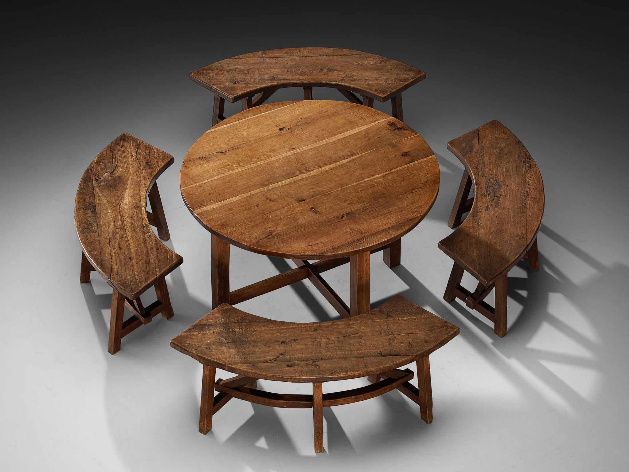 Mesa de Comedor Redonda Rústica con Bancos en Roble Macizo Europeo en venta