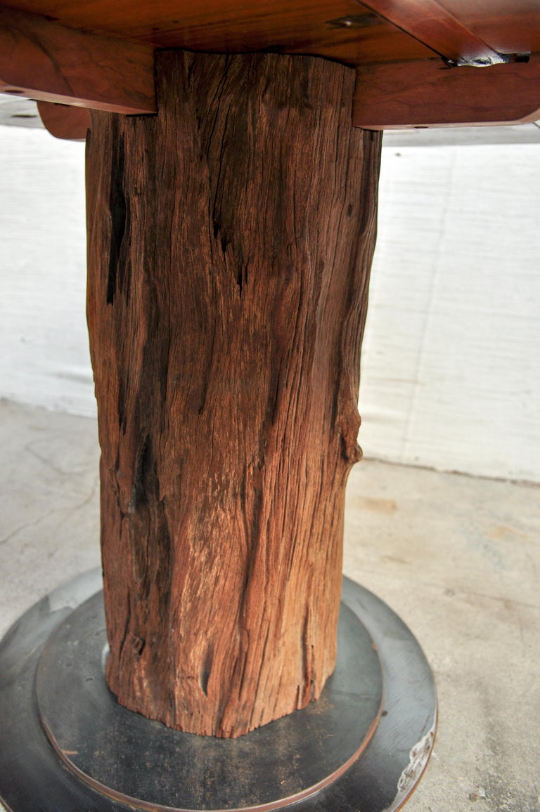 Rustic Round Table Recycled Bridge Wood With Tiered Steel Plate Base