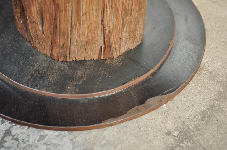 Rustic Round Table Recycled Bridge Wood  with Tiered Steel 