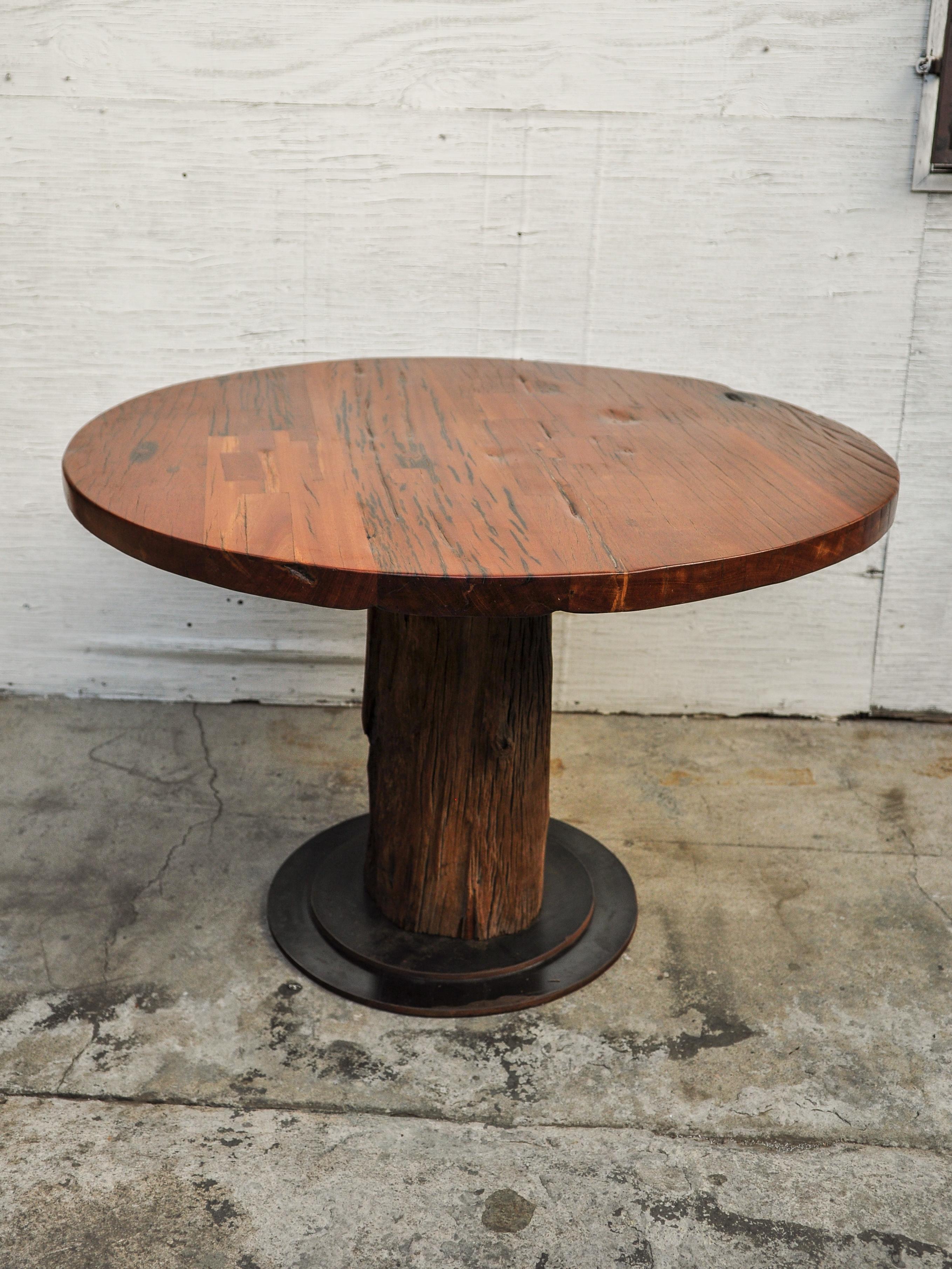 American Rustic Round Table Recycled Bridge Wood with Tiered Steel Plate Base