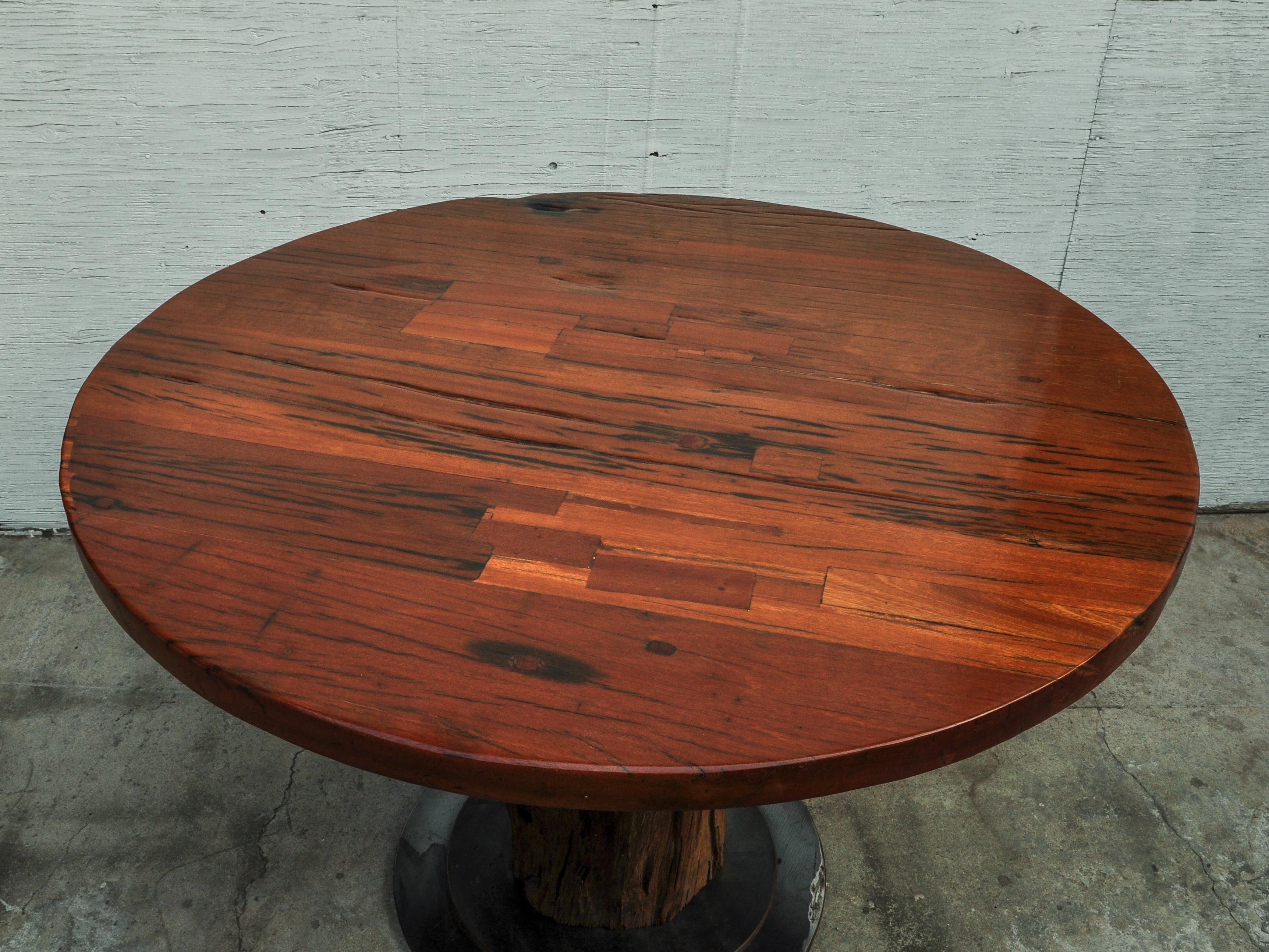 Rustic Round Table Recycled Bridge Wood with Tiered Steel Plate Base In New Condition In Point Richmond, CA