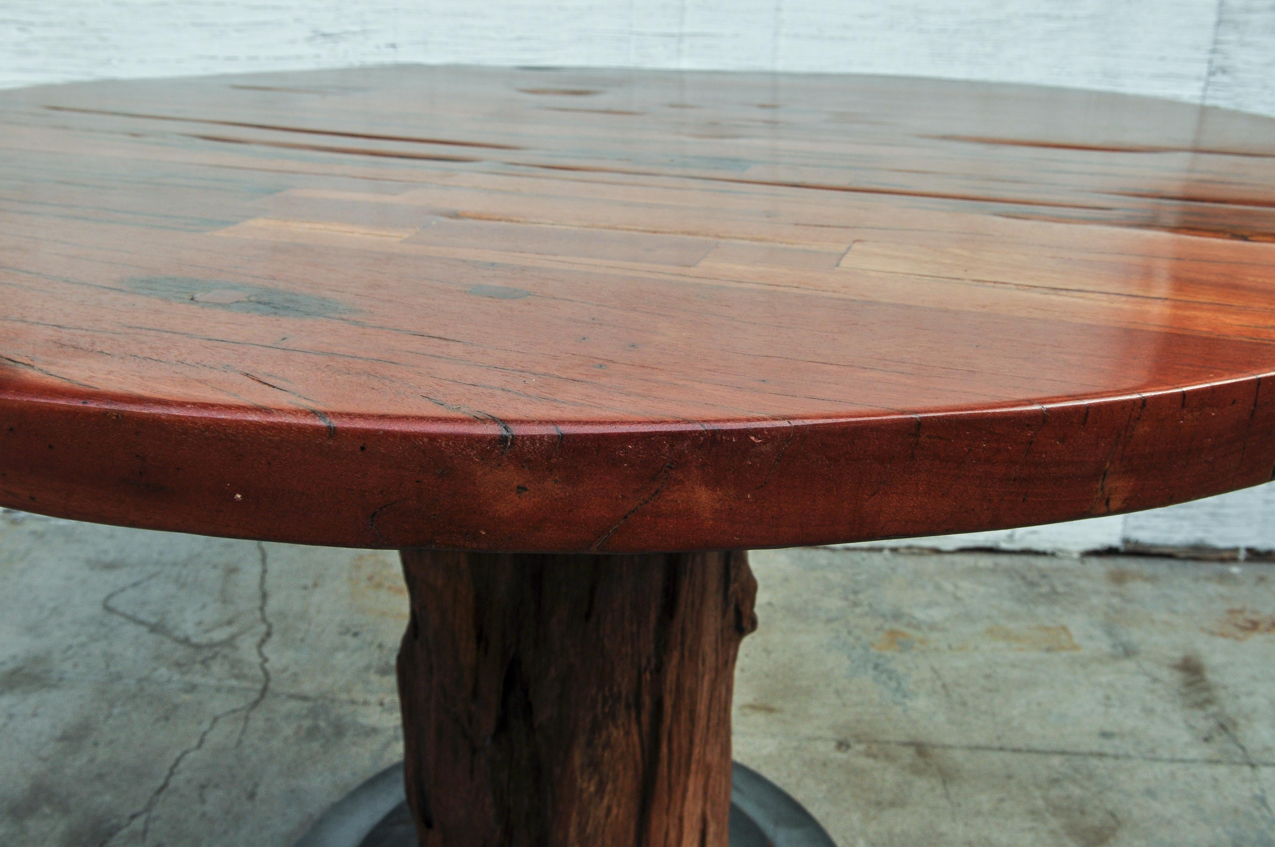 Rustic Round Table Recycled Bridge Wood with Tiered Steel Plate Base 2