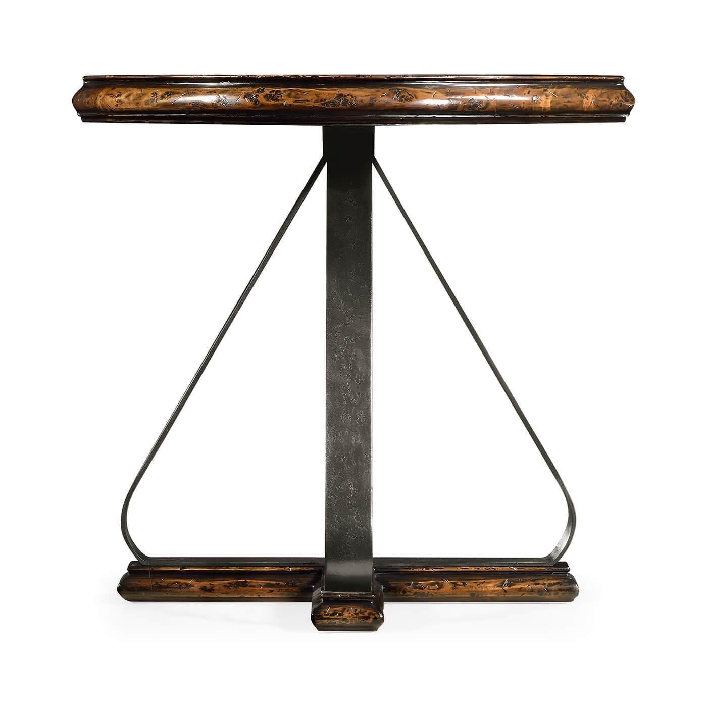 Rustic round side table with an antiqued rustic walnut planked top with a molded outside edge, standing on a curved iron 4 legged base.

Dimensions: 32