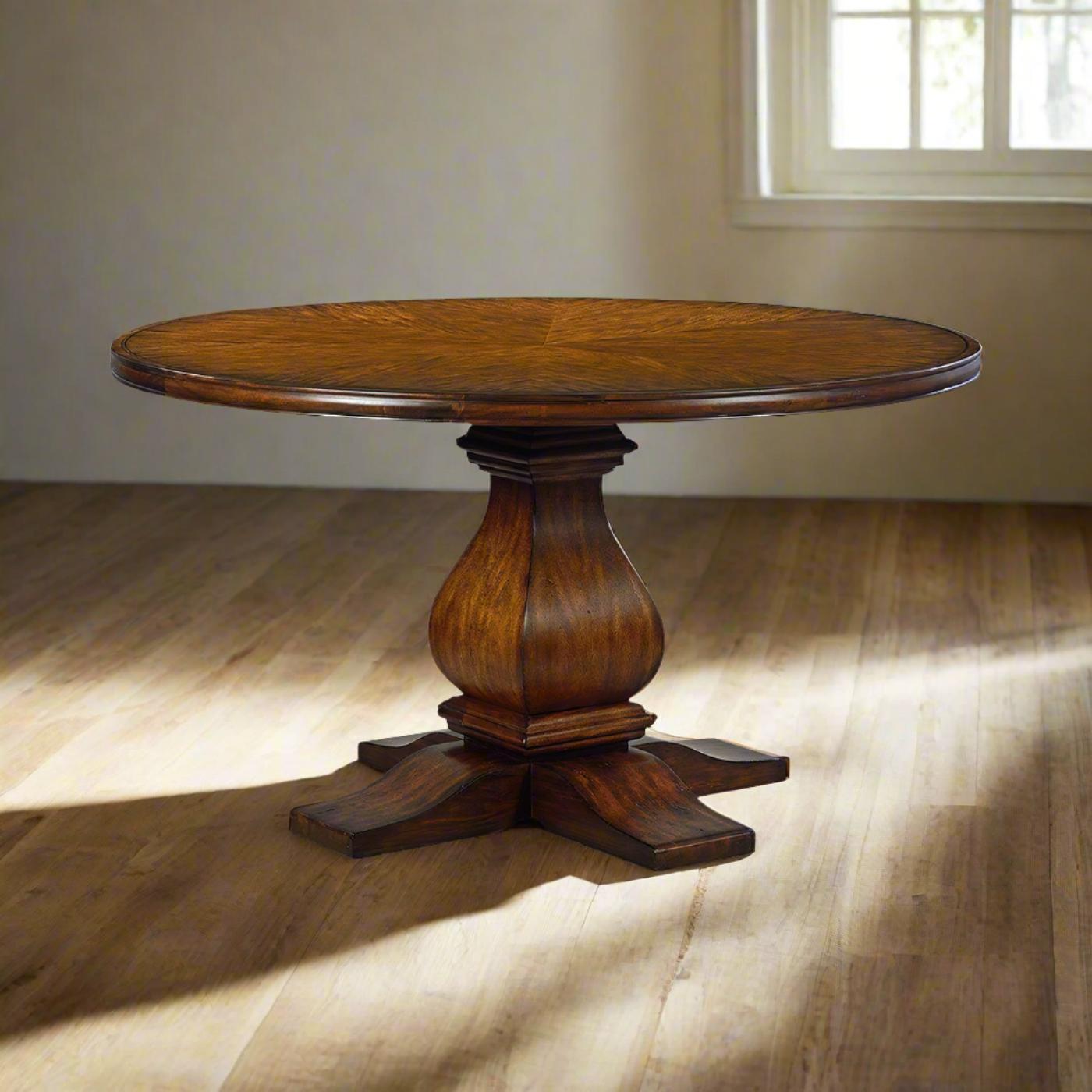 The round top showcases a stunning radial pattern, creating a captivating focal point for your dining area.

Crafted from solid and veneered acacia wood, this table promises durability and longevity, making it a perfect centerpiece for family
