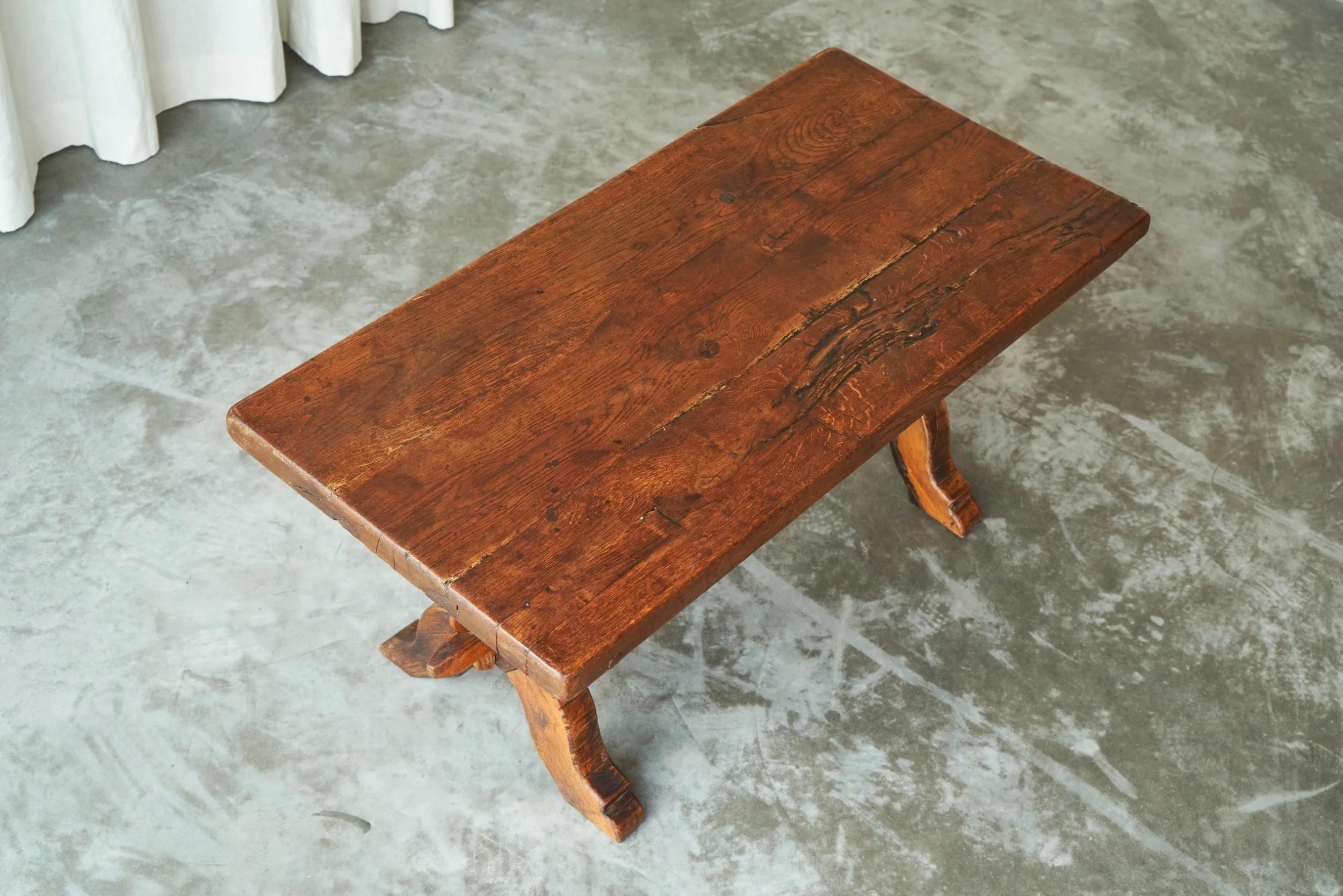 Primitive Rustic Sabi Sabi Style Trestle Coffee Table in Solid Oak 19th Century For Sale