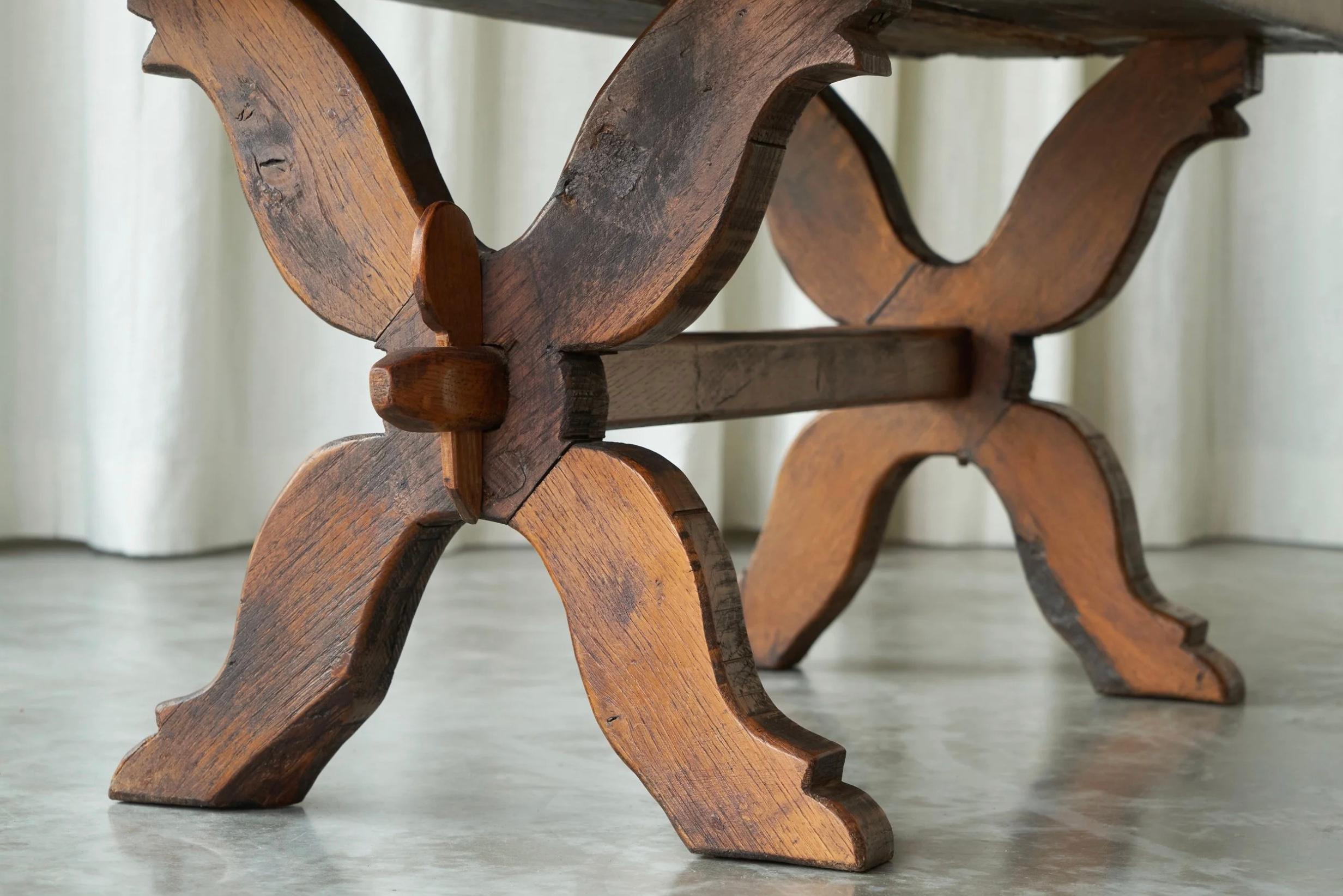 Rustic Sabi Sabi Style Trestle Coffee Table in Solid Oak 19th Century For Sale 1