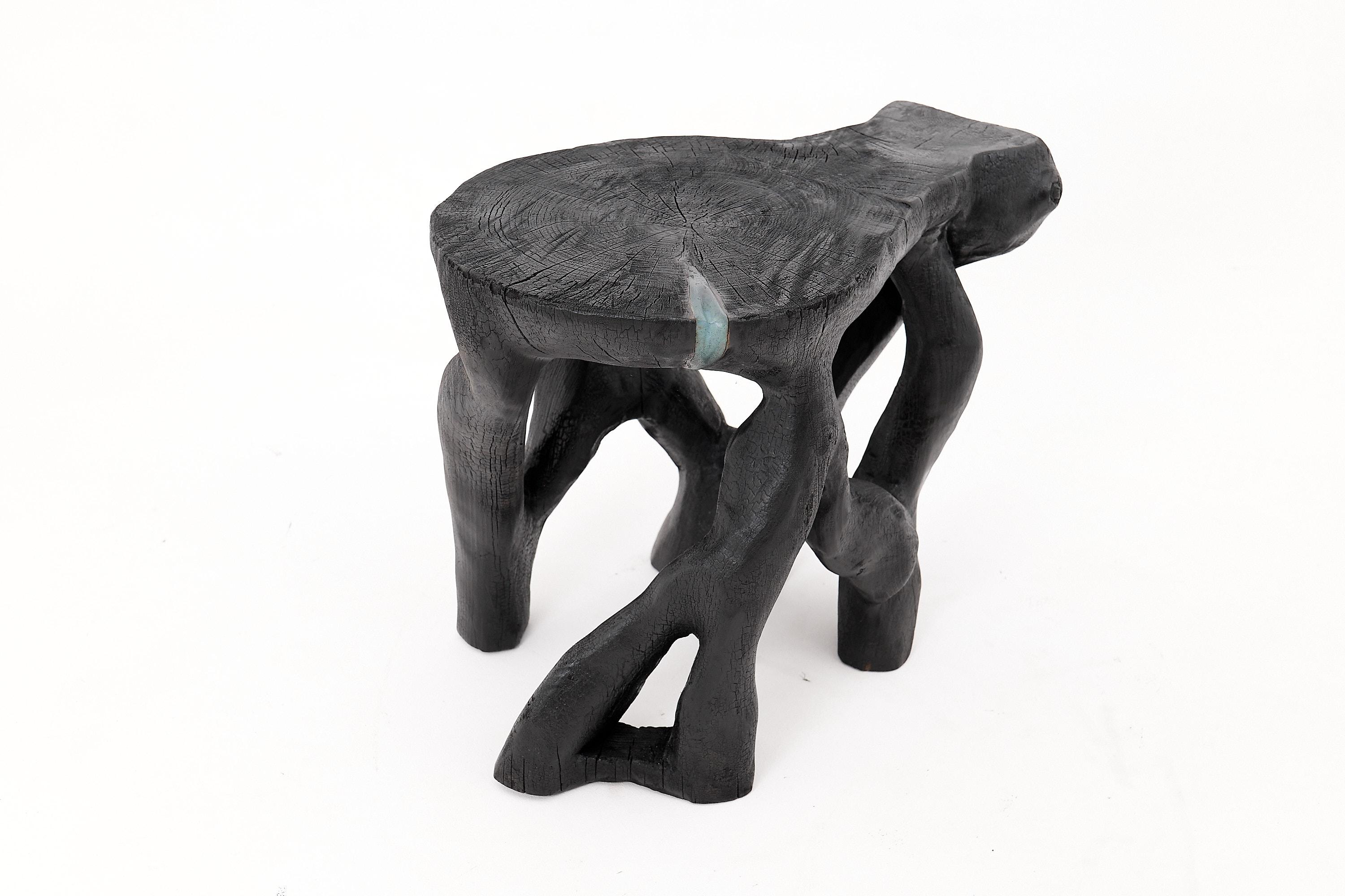 Mesa de centro escultórica rústica, madera negra quemada, tallada, única, muebles de madera en venta 2