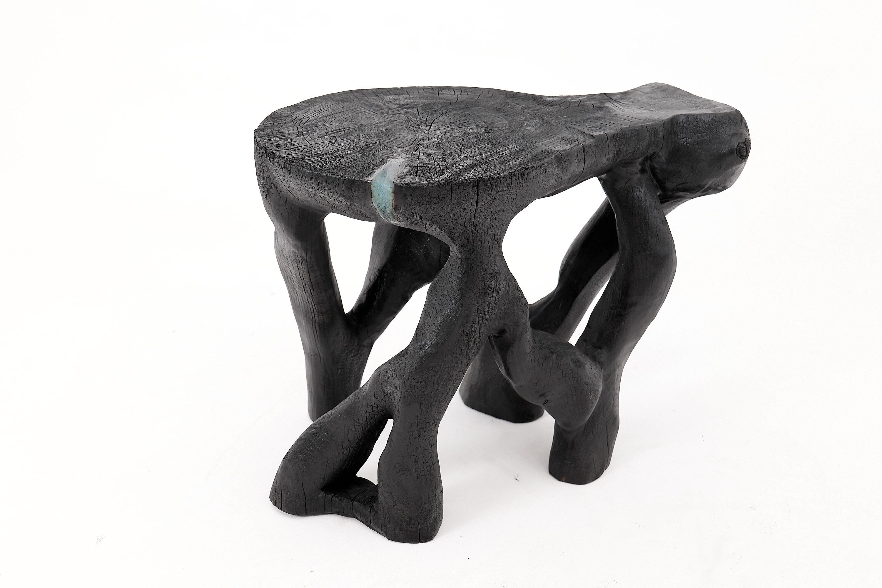 Mesa de centro escultórica rústica, madera negra quemada, tallada, única, muebles de madera en venta 3