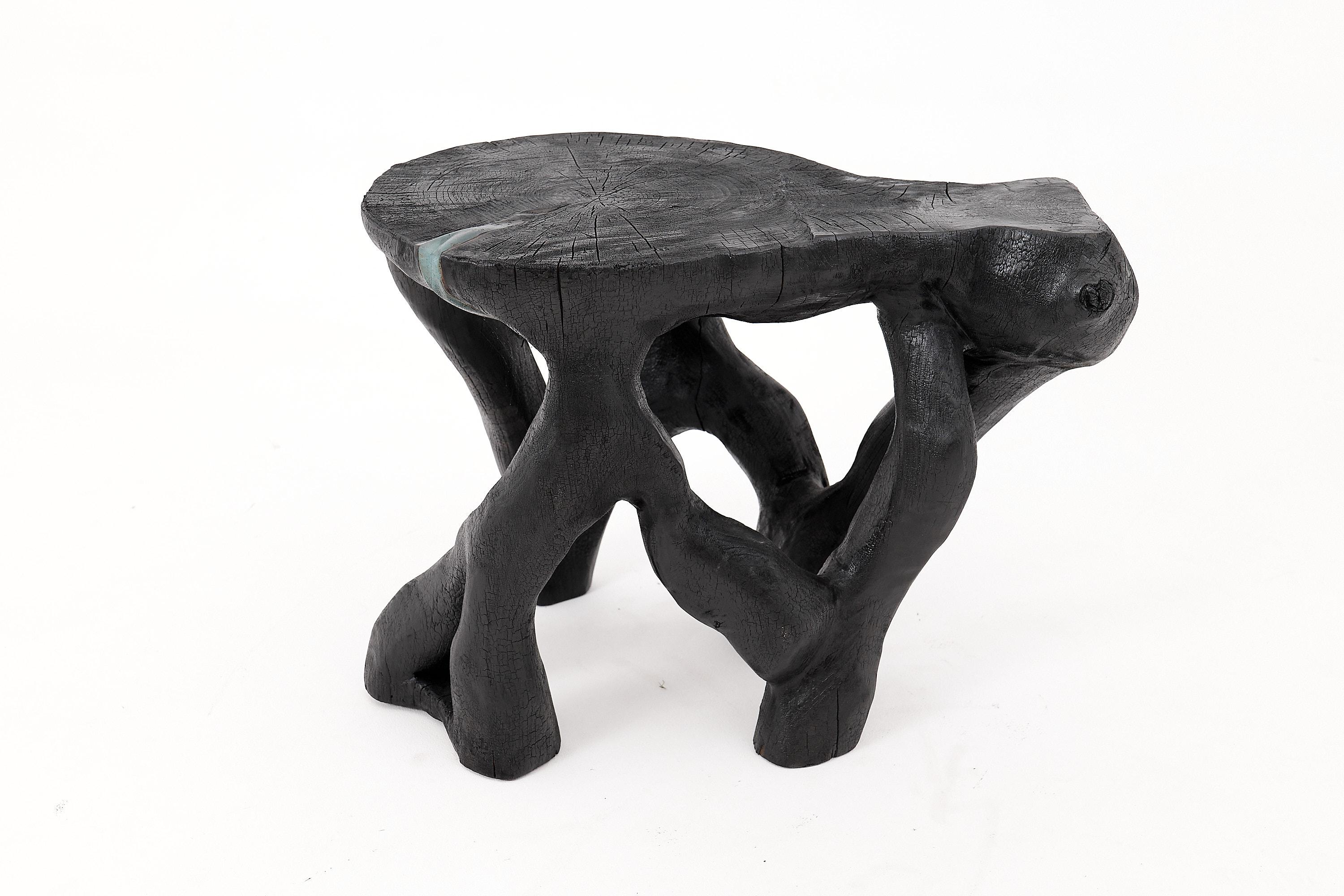 Mesa de centro escultórica rústica, madera negra quemada, tallada, única, muebles de madera en venta 4