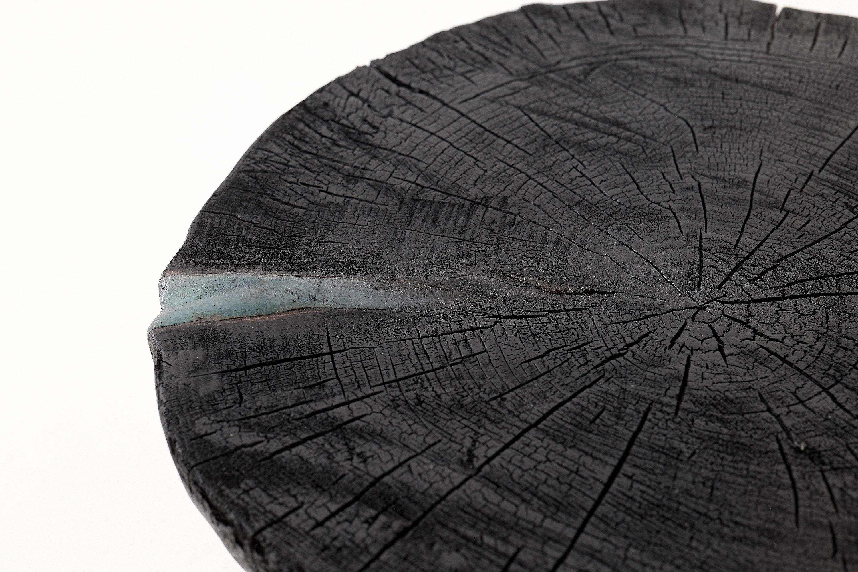 Mesa de centro escultórica rústica, madera negra quemada, tallada, única, muebles de madera en venta 5