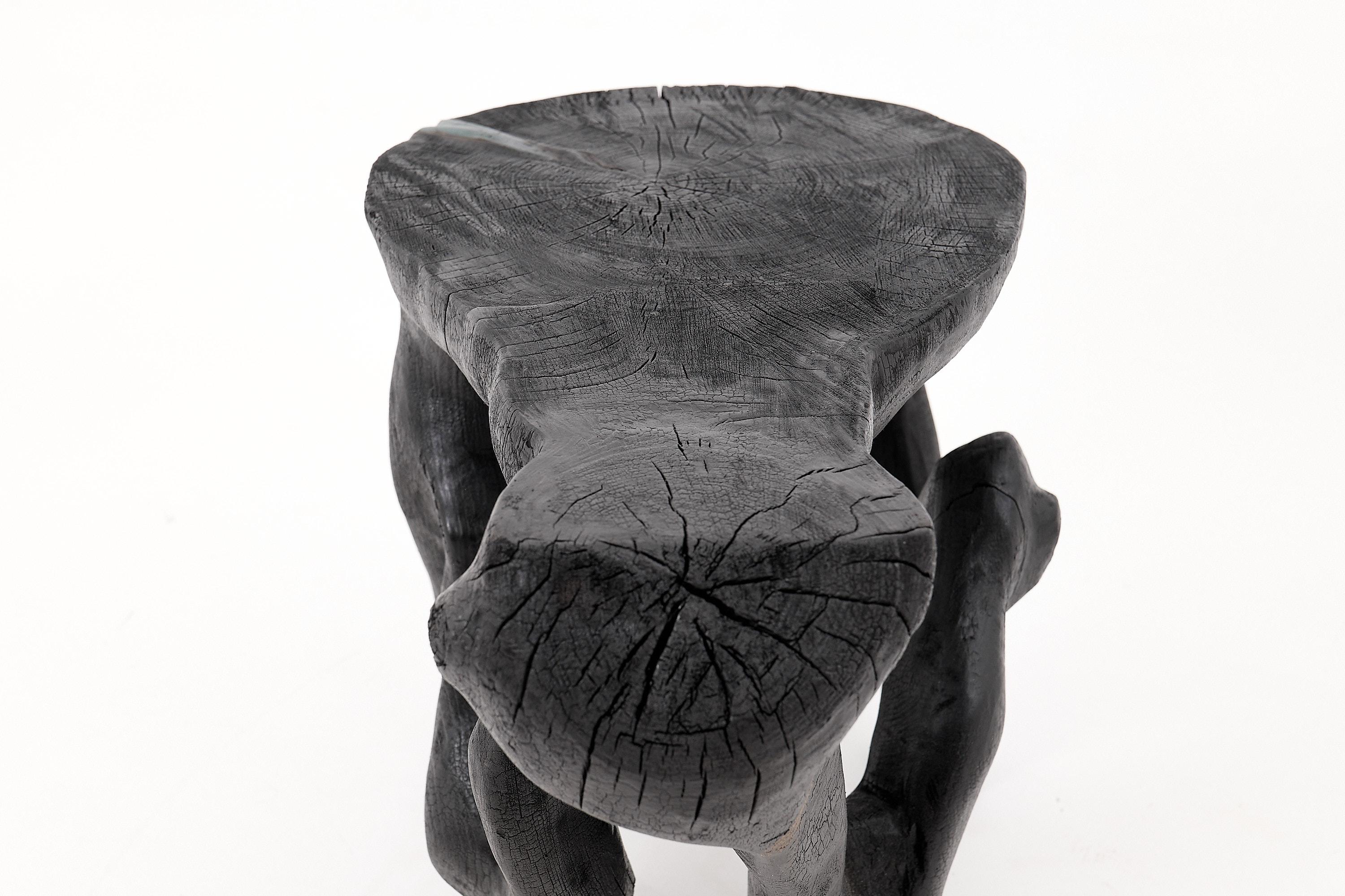 Mesa de centro escultórica rústica, madera negra quemada, tallada, única, muebles de madera en venta 9