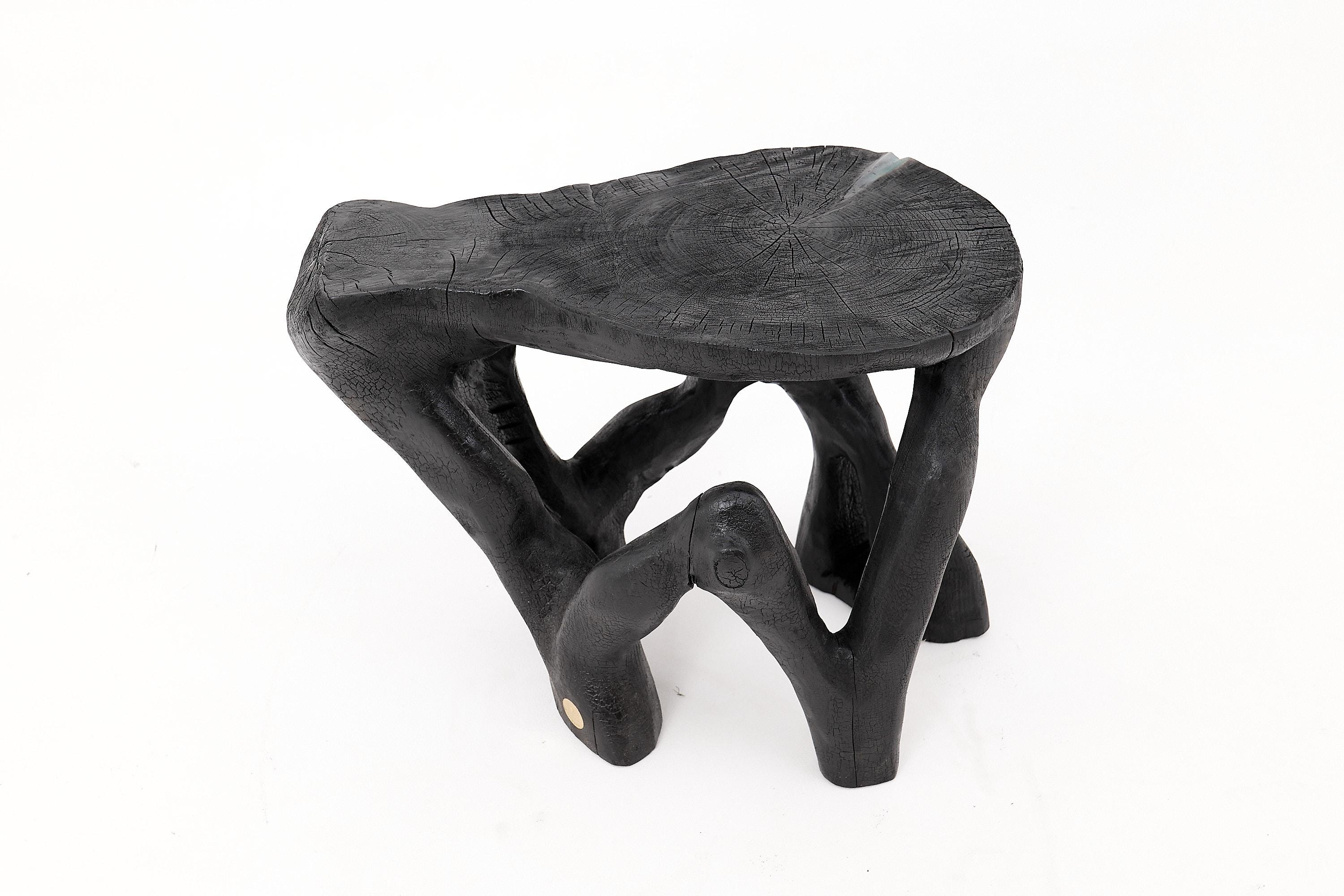 Mesa de centro escultórica rústica, madera negra quemada, tallada, única, muebles de madera Brutalista en venta