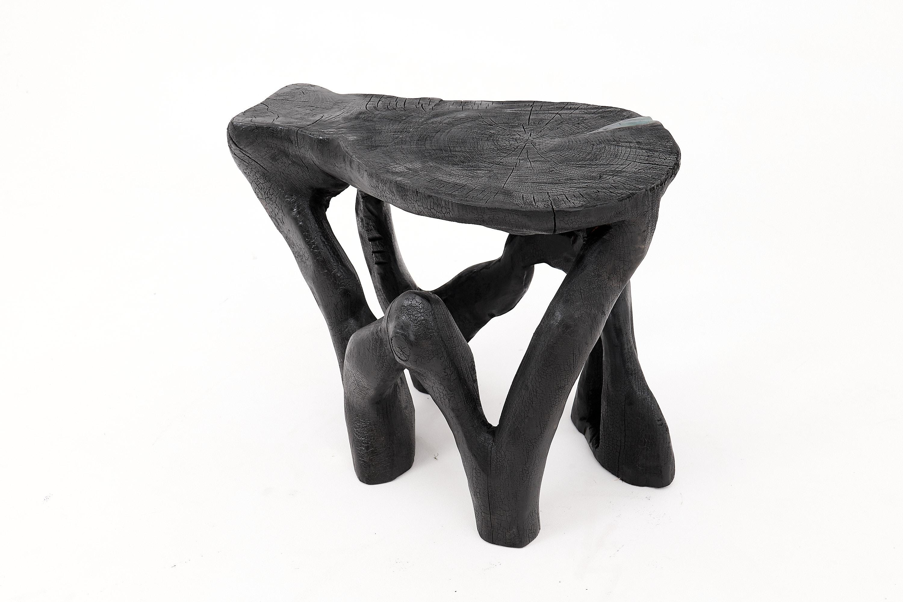 Mesa de centro escultórica rústica, madera negra quemada, tallada, única, muebles de madera Siglo XXI y contemporáneo en venta