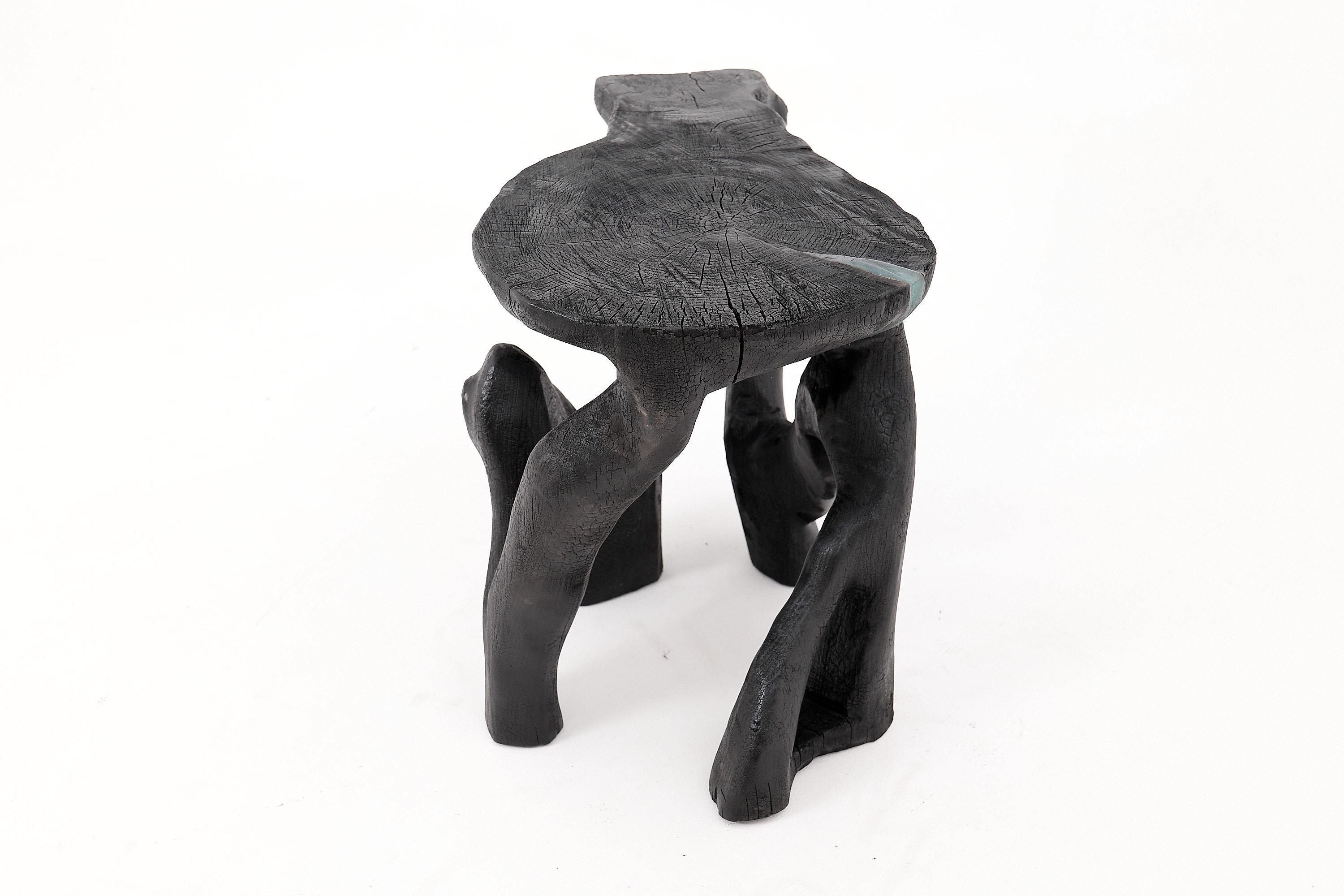 Mesa de centro escultórica rústica, madera negra quemada, tallada, única, muebles de madera en venta 1