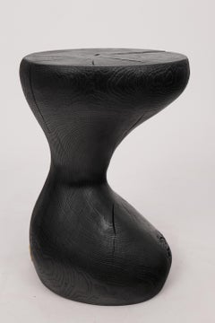 Sculptural Side Table, Stool, Burnt Wood, Oak, Black, Carved, Rustic, Logniture