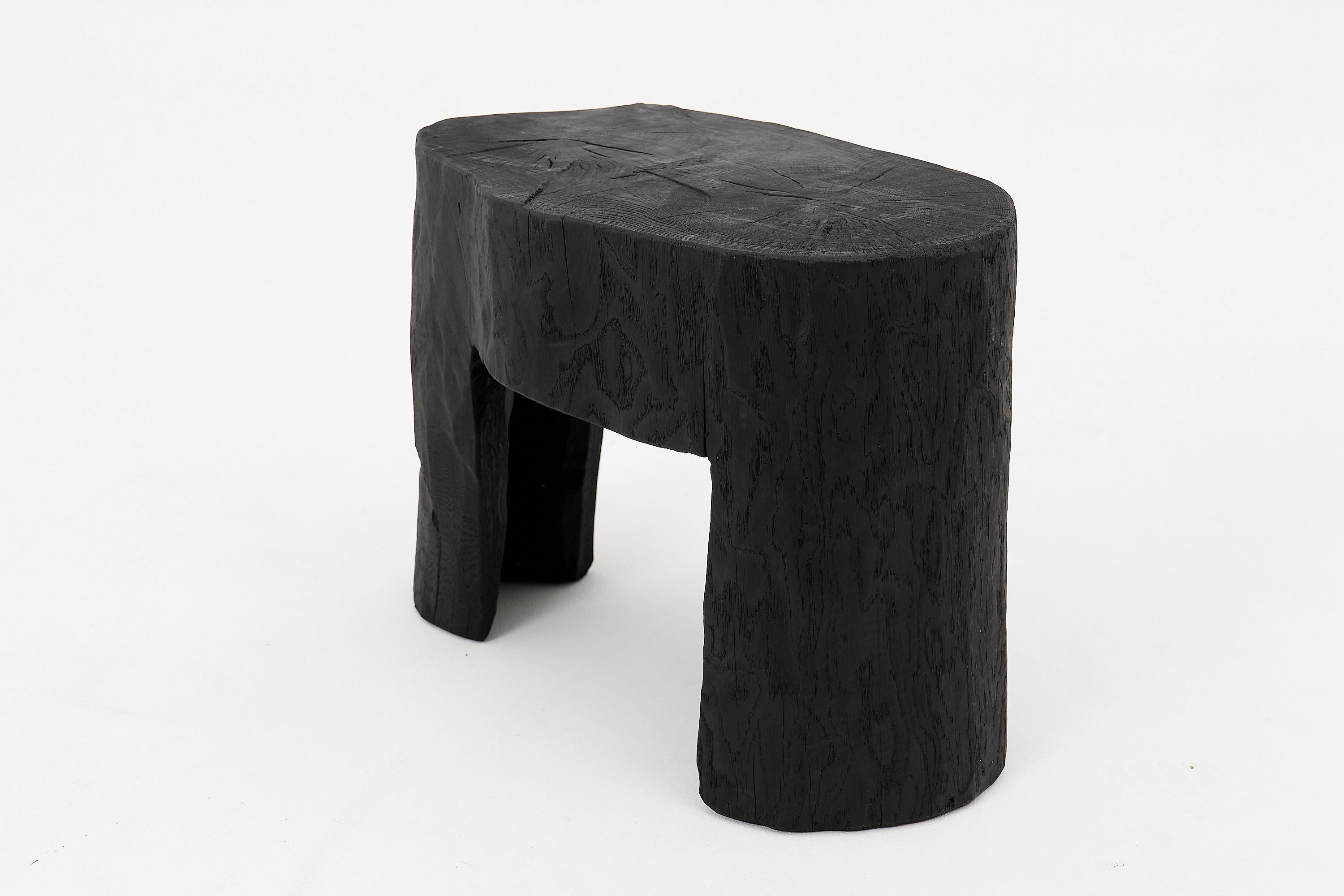 Rustic Sculptural Side Table, Burnt Black Wood, Carved, Unique, Logniture For Sale 4