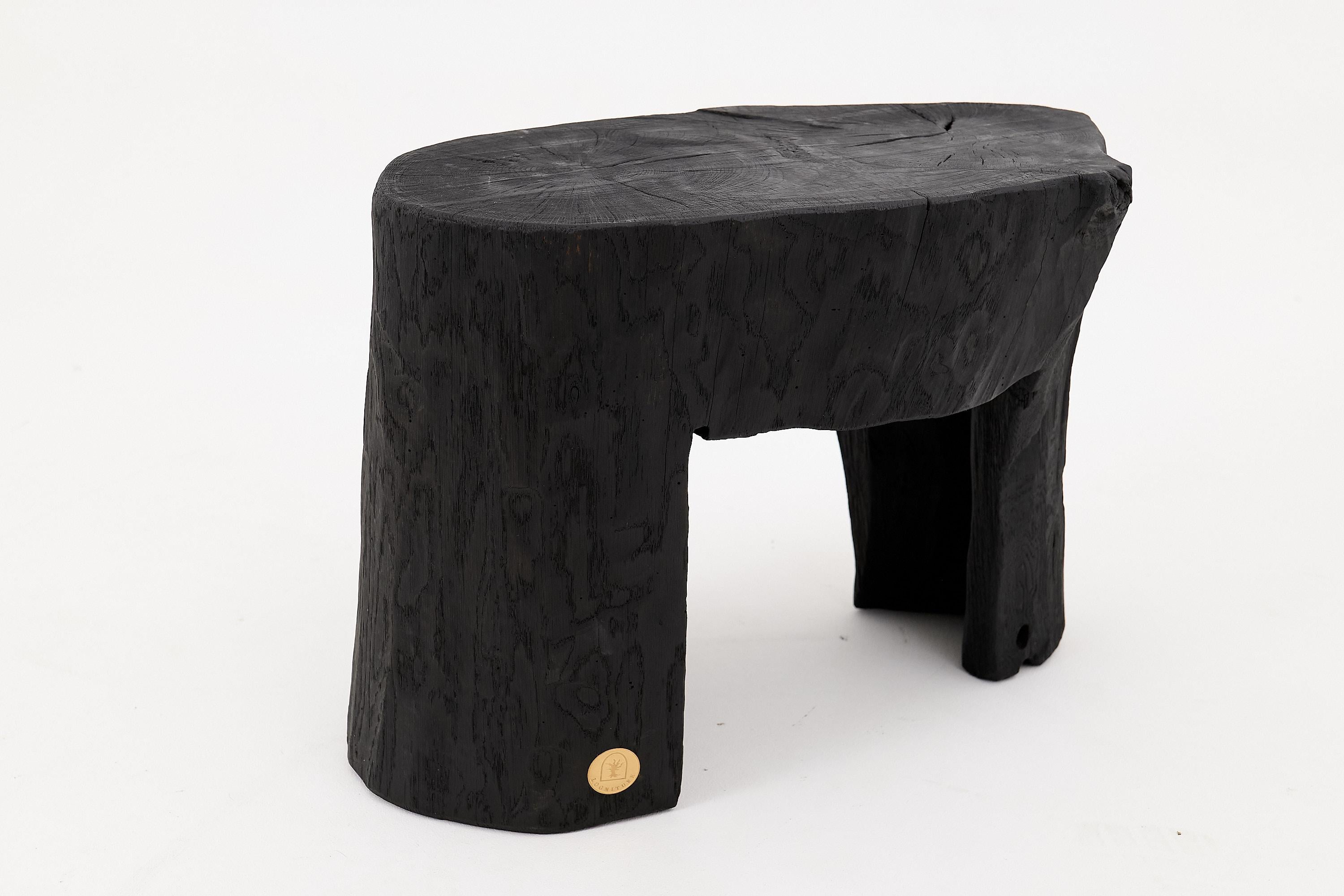 Rustic Sculptural Side Table, Burnt Black Wood, Carved, Unique, Logniture For Sale 7