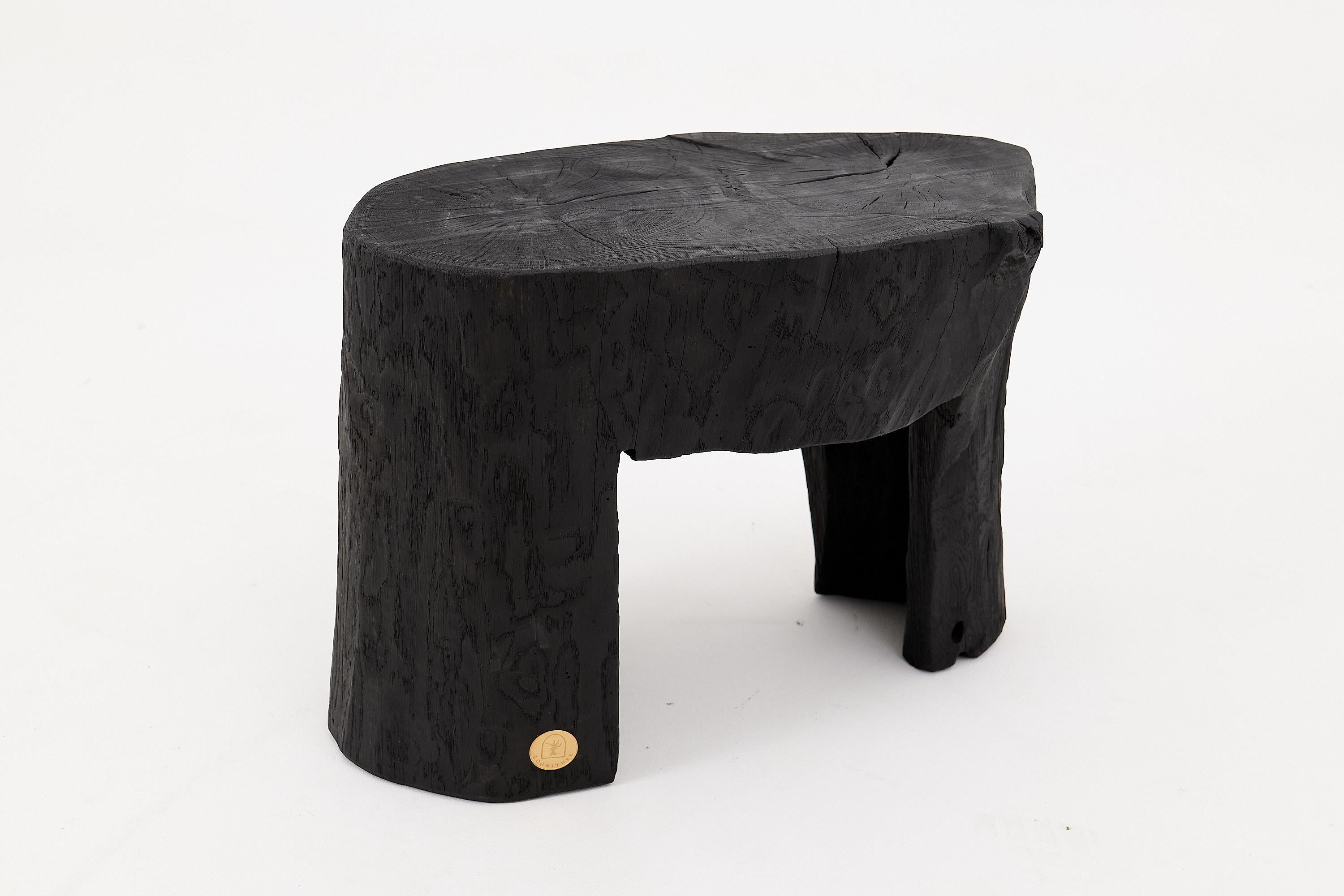 Rustic Sculptural Side Table, Burnt Black Wood, Carved, Unique, Logniture For Sale 8