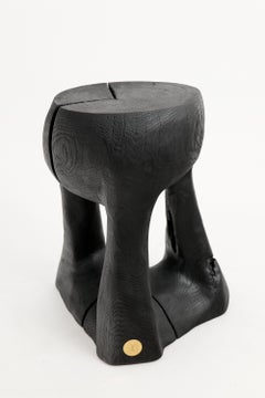 Sculptural Side Table, Stool, Rustic, Burnt Wood, Black, Carved, Logniture