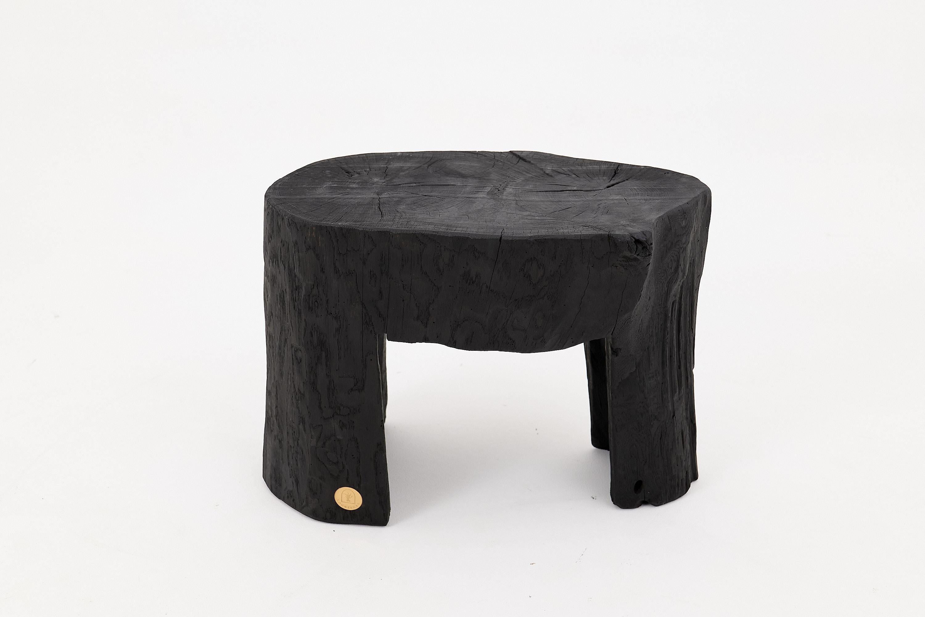 Chainsaw carved side table. Carved from a single piece of burnt wood and protected with the highest quality oils, ensuring durability for generations. Such unique handmade design will highlight your interior and bring comfort to your home, which
