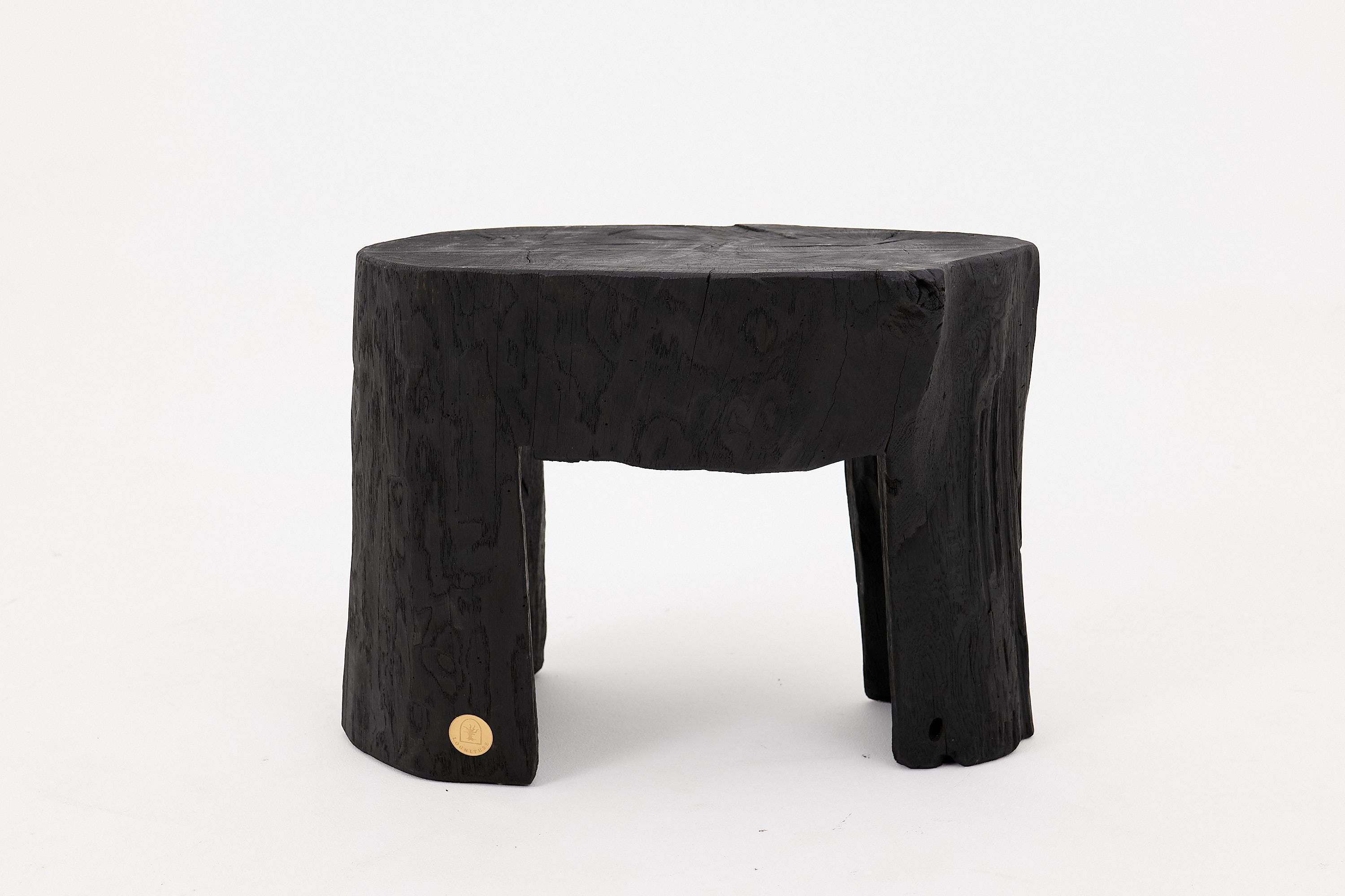 Brutalist Rustic Sculptural Side Table, Burnt Black Wood, Carved, Unique, Logniture For Sale