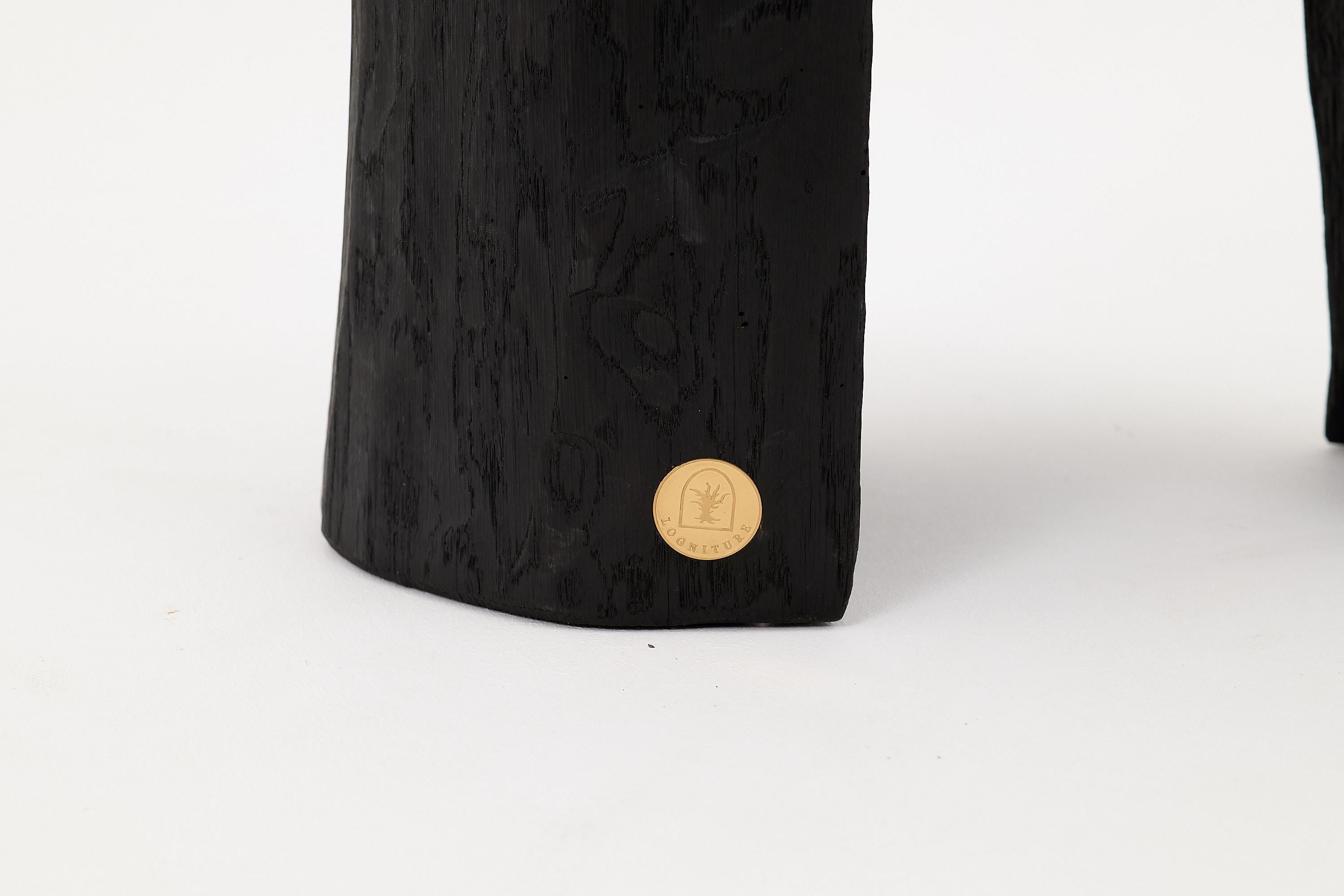 Croatian Rustic Sculptural Side Table, Burnt Black Wood, Carved, Unique, Logniture For Sale