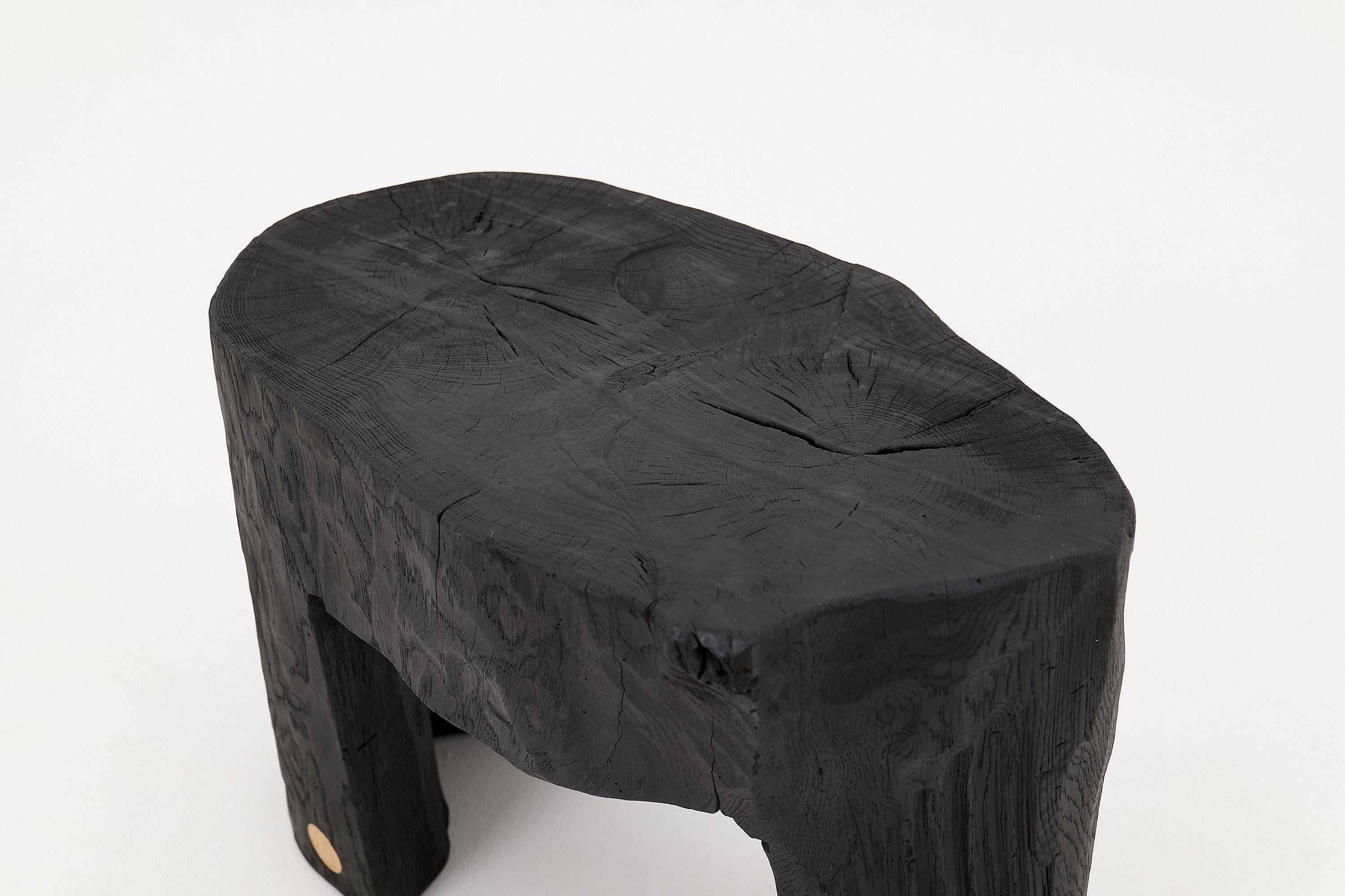 Contemporary Rustic Sculptural Side Table, Burnt Black Wood, Carved, Unique, Logniture For Sale