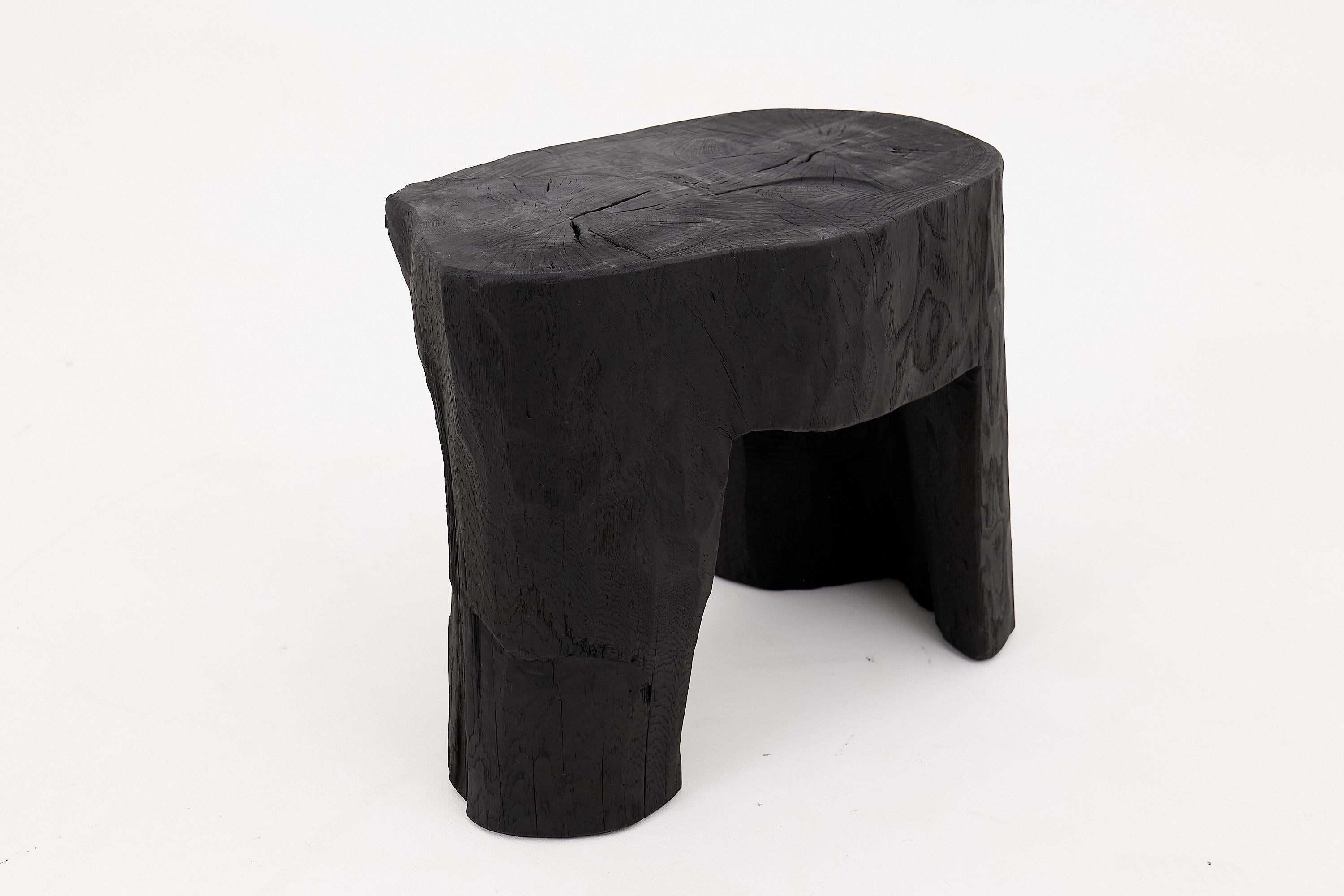 Rustic Sculptural Side Table, Burnt Black Wood, Carved, Unique, Logniture For Sale 1