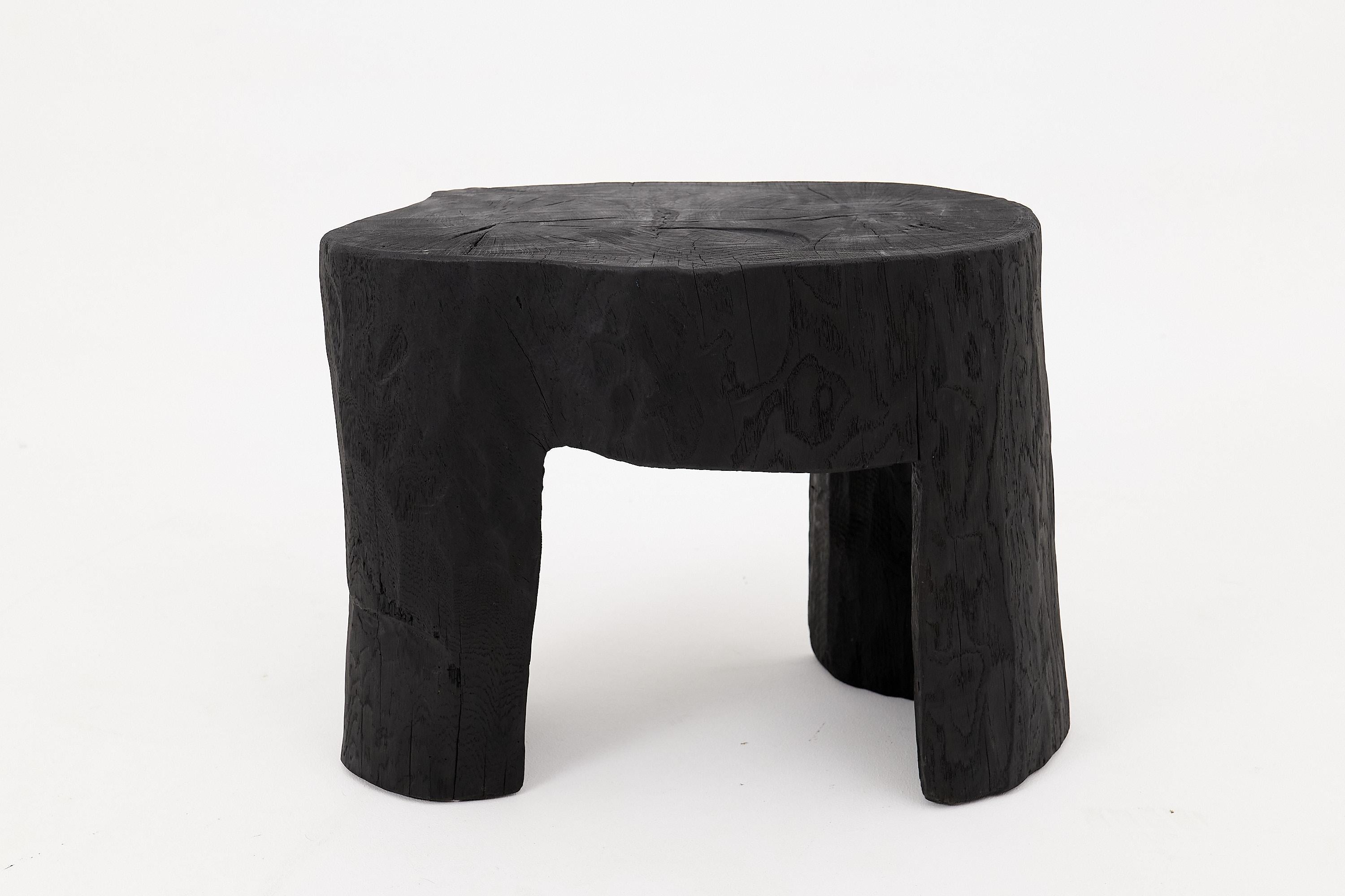 Rustic Sculptural Side Table, Burnt Black Wood, Carved, Unique, Logniture For Sale 2