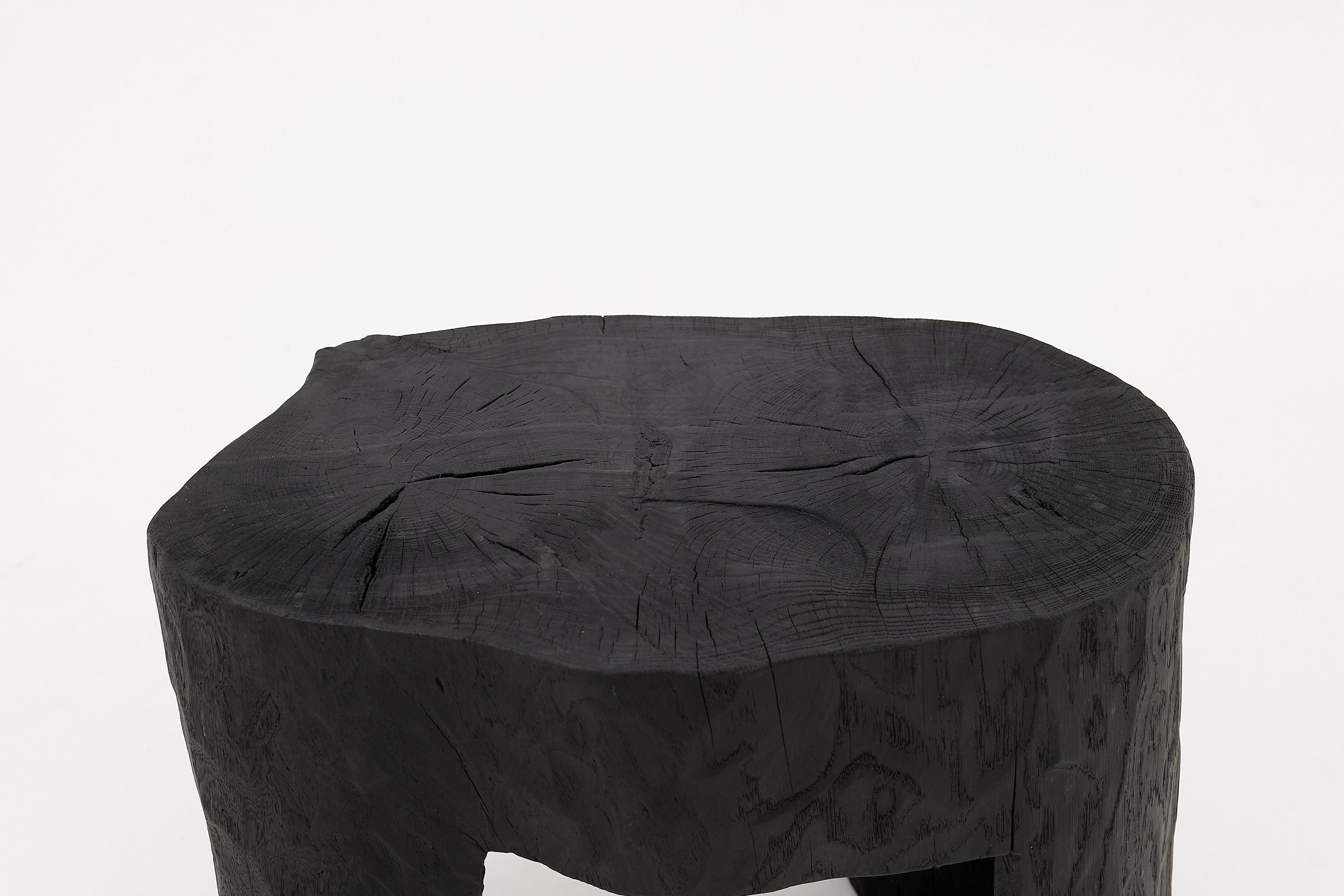 Rustic Sculptural Side Table, Burnt Black Wood, Carved, Unique, Logniture For Sale 3