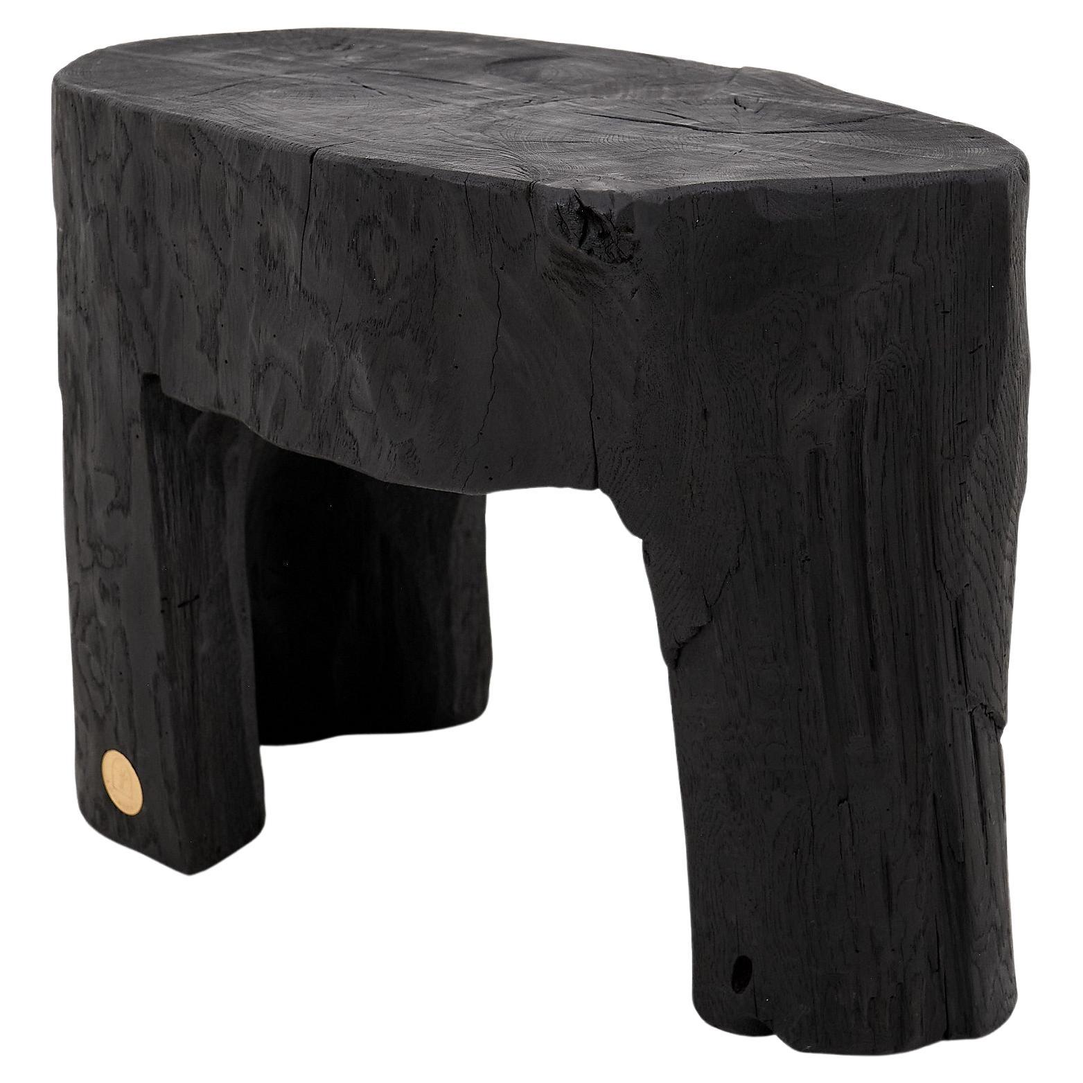 Rustikaler skulpturaler Beistelltisch, gebranntes schwarzes Holz, geschnitzt, einzigartig, Logniture