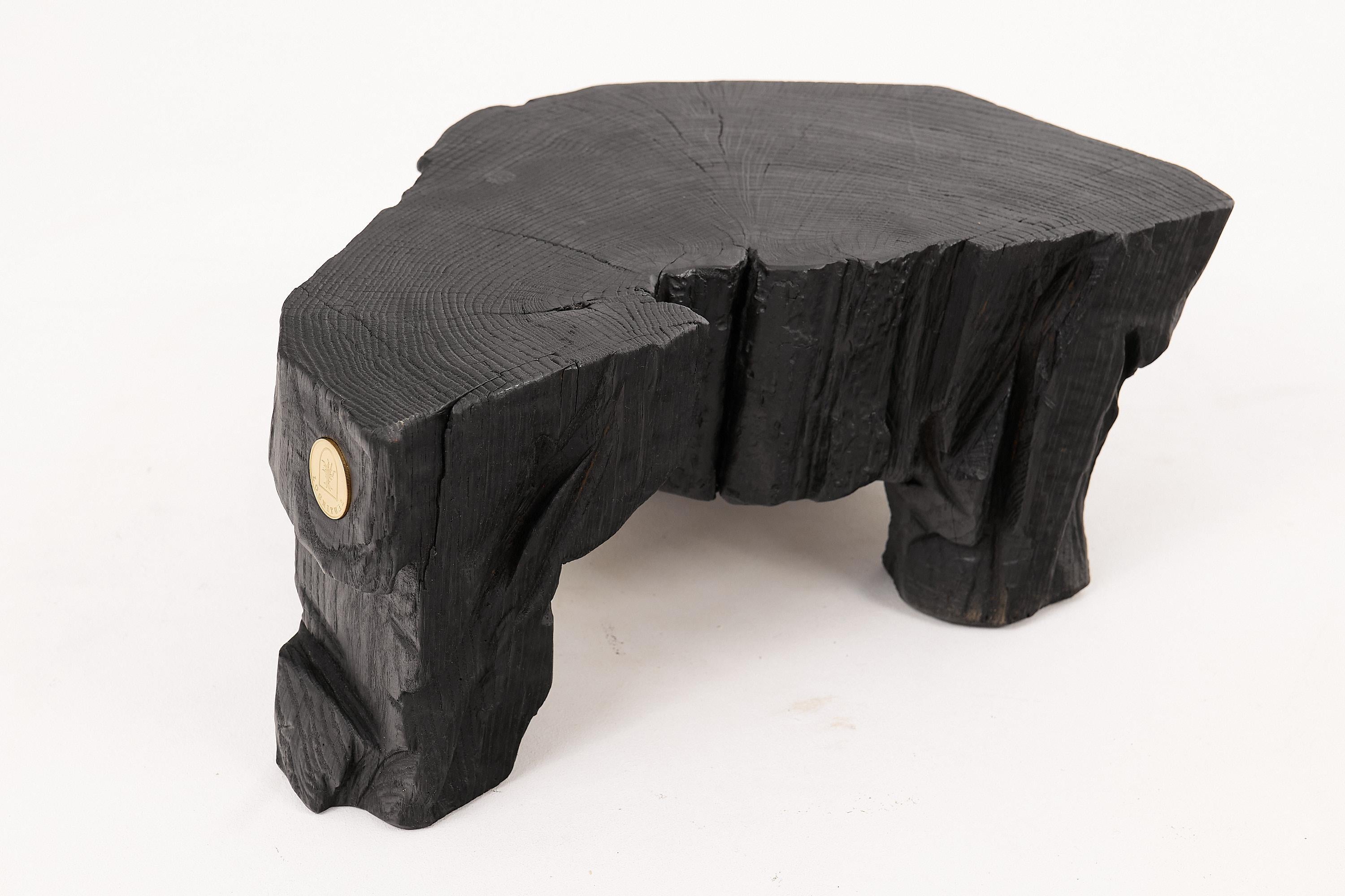 Mesa Auxiliar Escultórica Rústica, Taburete, Madera de Roble Negro Quemado, Única, Muebles de Madera en venta 8