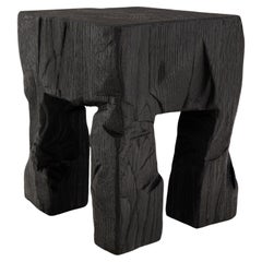Rustic Sculptural Side Table, Stool, Burnt Black Oak Wood, Unique, Logniture