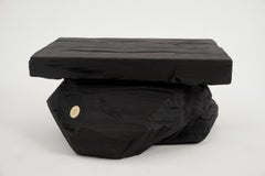 Rustic Sculptural Side Table, Stool, Burnt Black Wood, Carved, Logniture