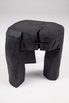Rustic Sculptural Side Table, Stool, Burnt Black Oak Wood, Unique, Logniture