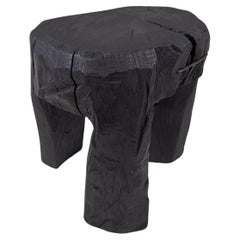 Rustic Sculptural Side Table, Stool, Burnt Black Oak Wood, Unique, Logniture