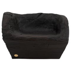 Rustic Sculptural Stool, Burnt Black Wood, Carved, Unique, Logniture