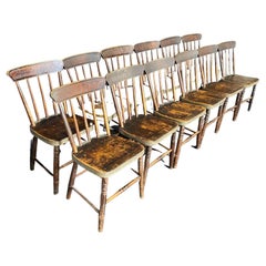 Rustic Set of 12 19th Century Grange Dining Chairs with Original Paint