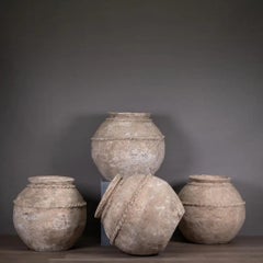Rustic Set of 4 Beige Patinated Earthenware Water Jars, 20th Century, Java