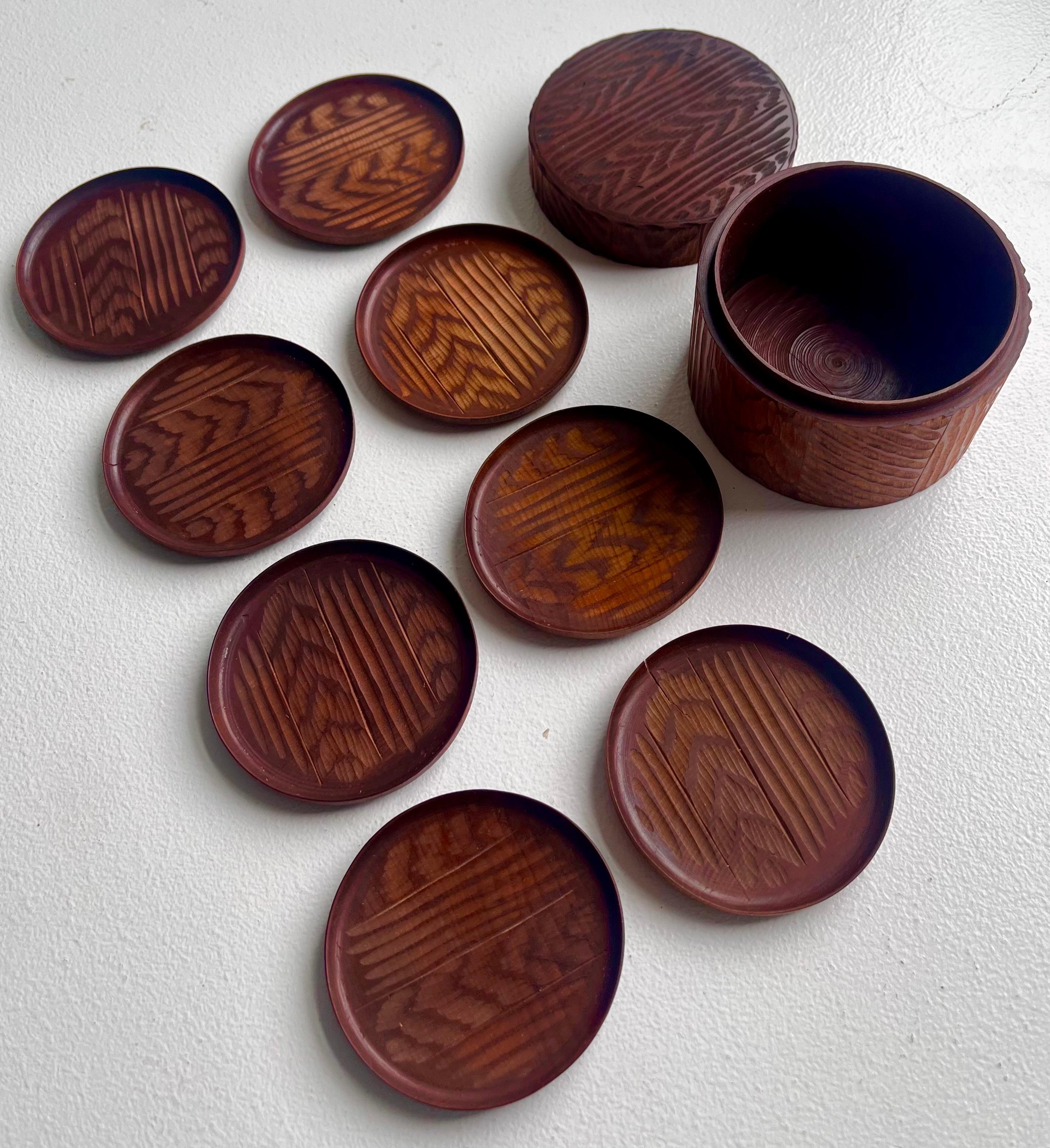 Rustic Set of 8 Drinking Glass Coasters with Lidded Box, circa 1970 For Sale 4