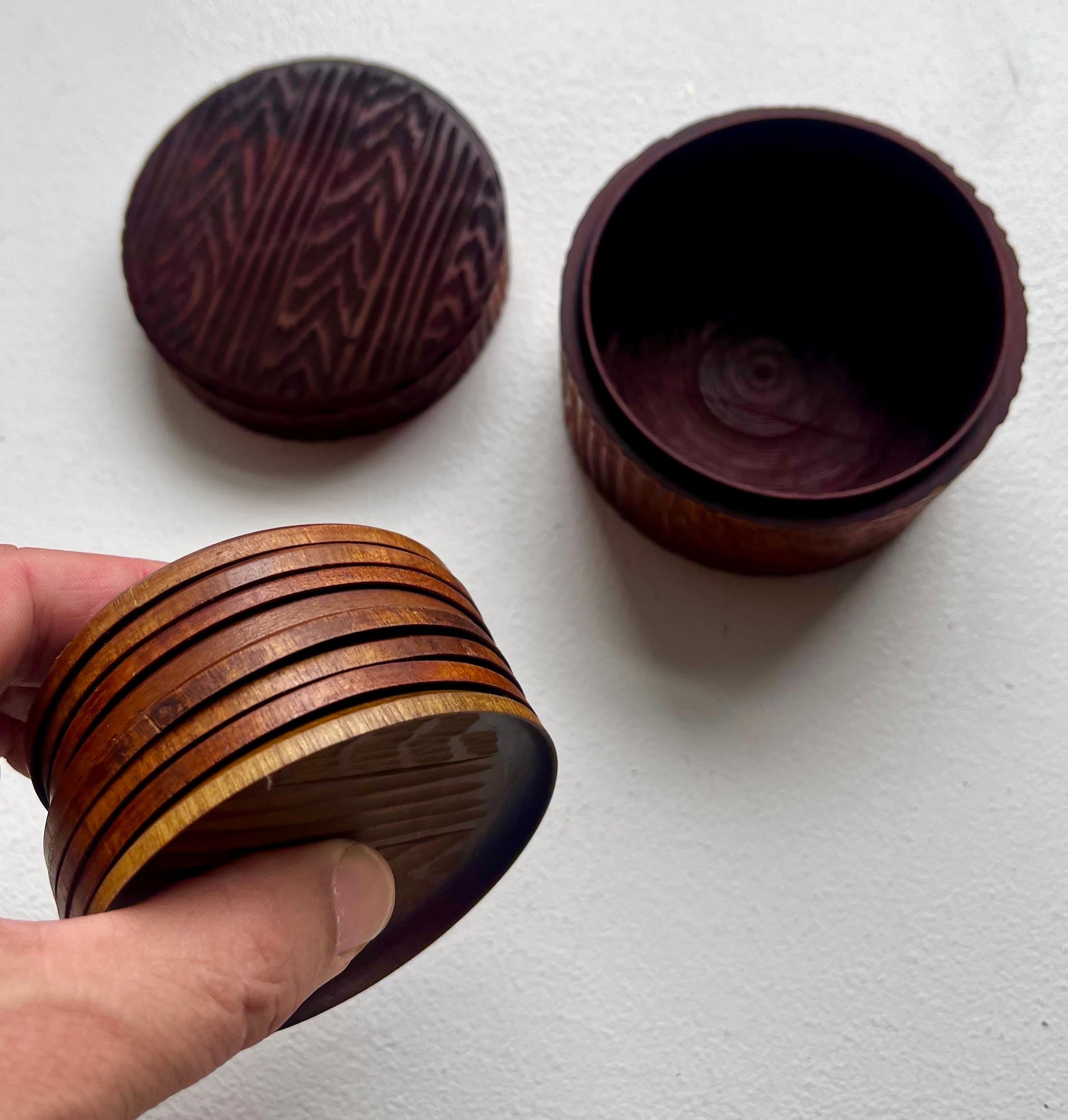 Late 20th Century Rustic Set of 8 Drinking Glass Coasters with Lidded Box, circa 1970 For Sale