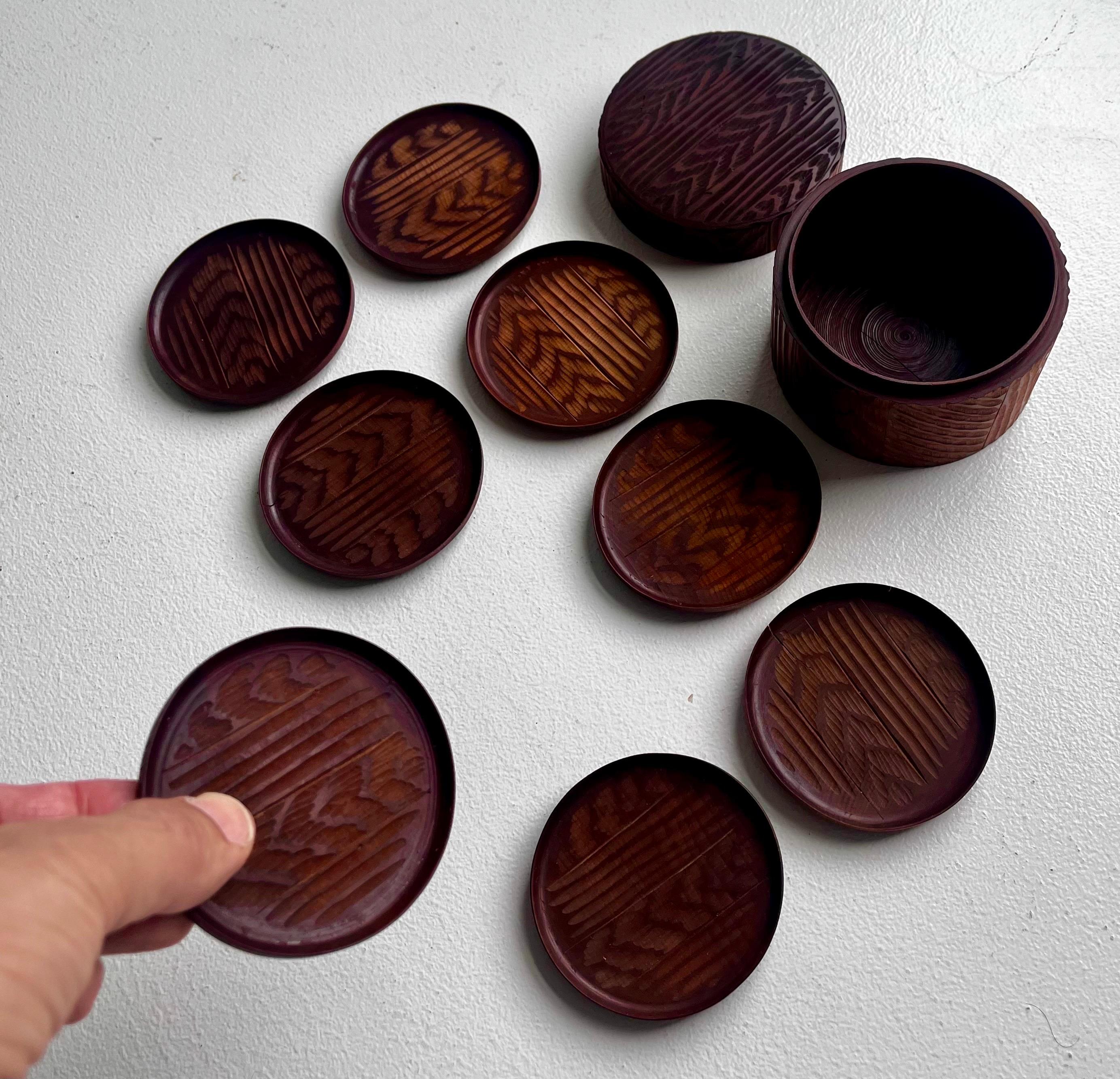 Hardwood Rustic Set of 8 Drinking Glass Coasters with Lidded Box, circa 1970 For Sale
