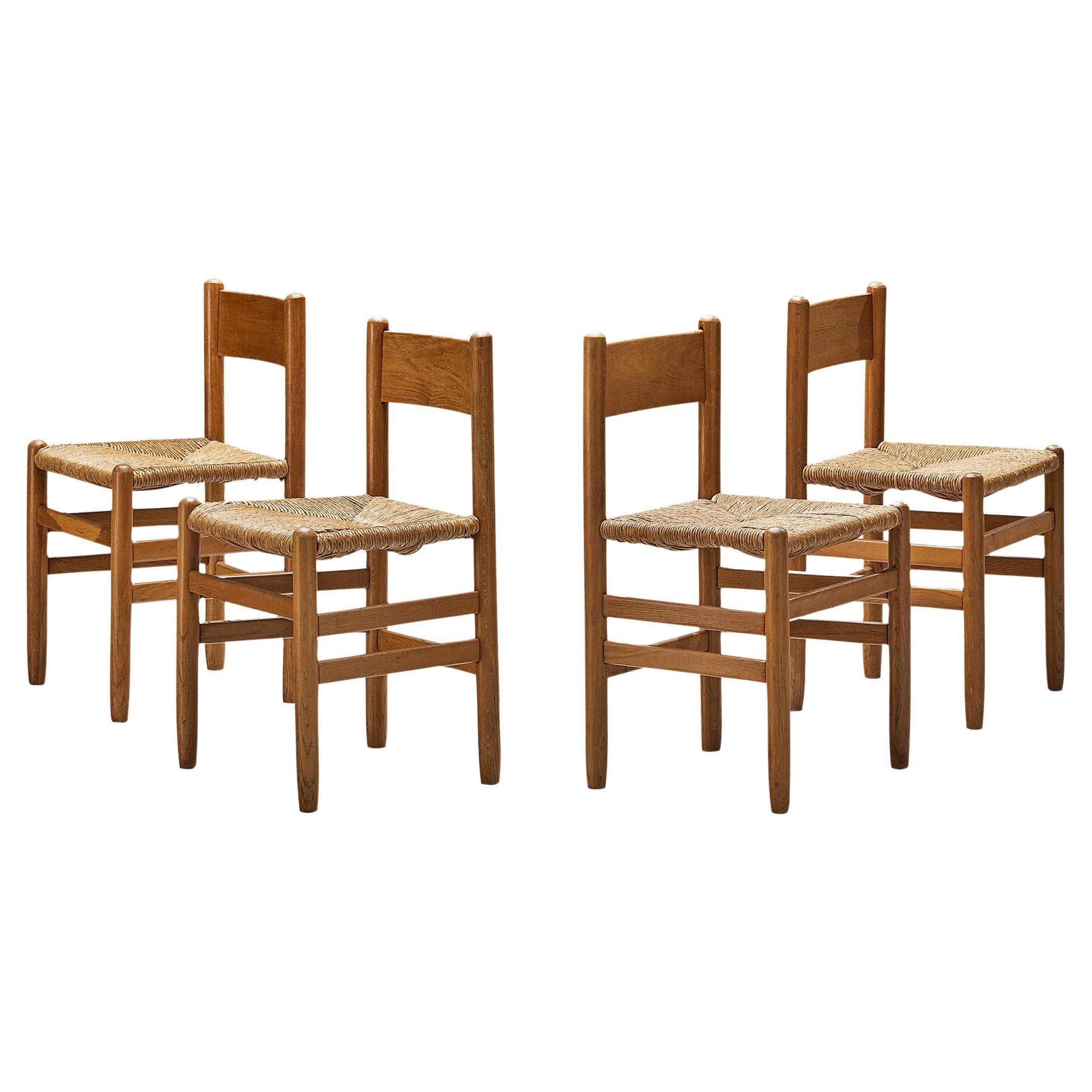Rustic Set of Four Dining Chairs in Oak with Rush Seats 